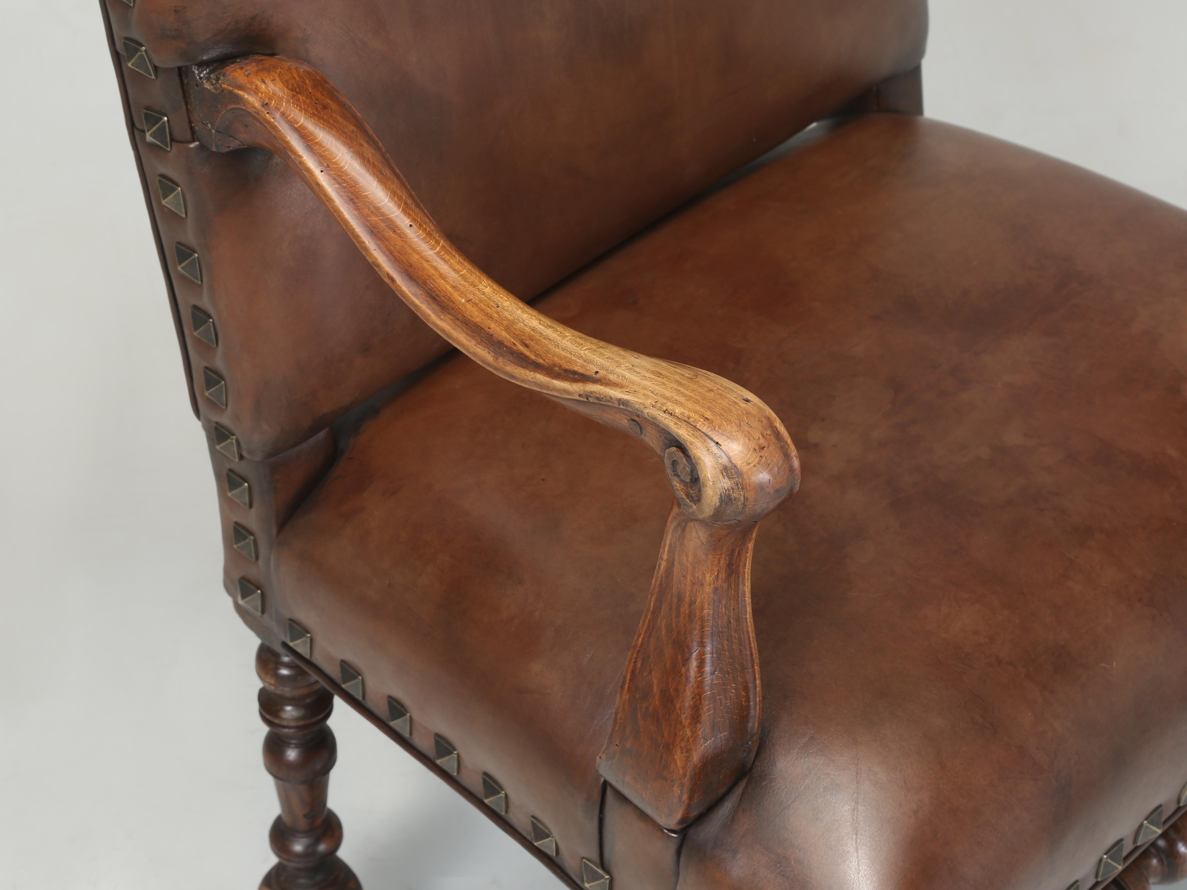 Antique French Leather Armchair in Walnut with New Brown Leather, Fully Restored 2