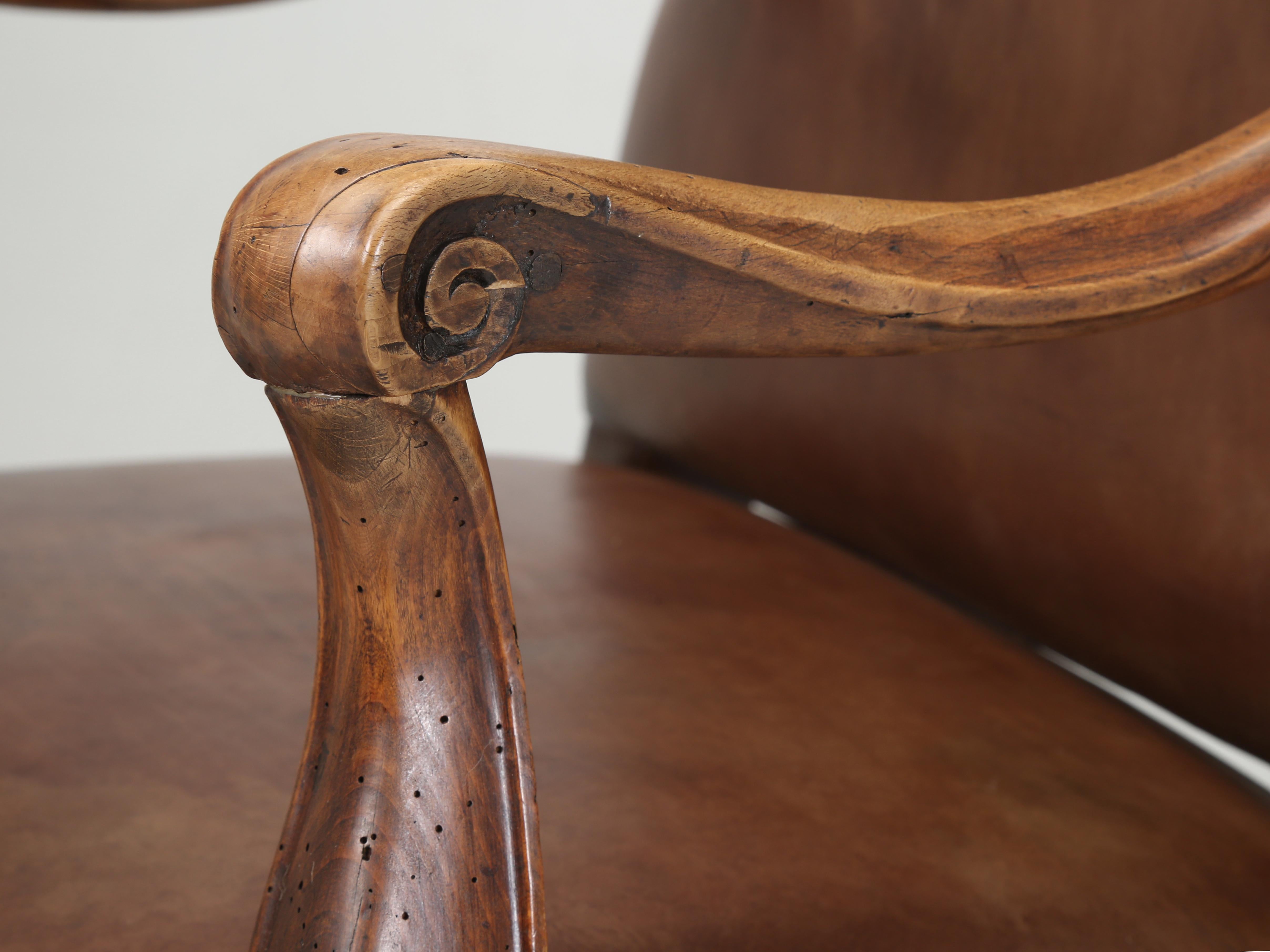 Antique French Leather Armchair in Walnut with New Brown Leather, Fully Restored 1