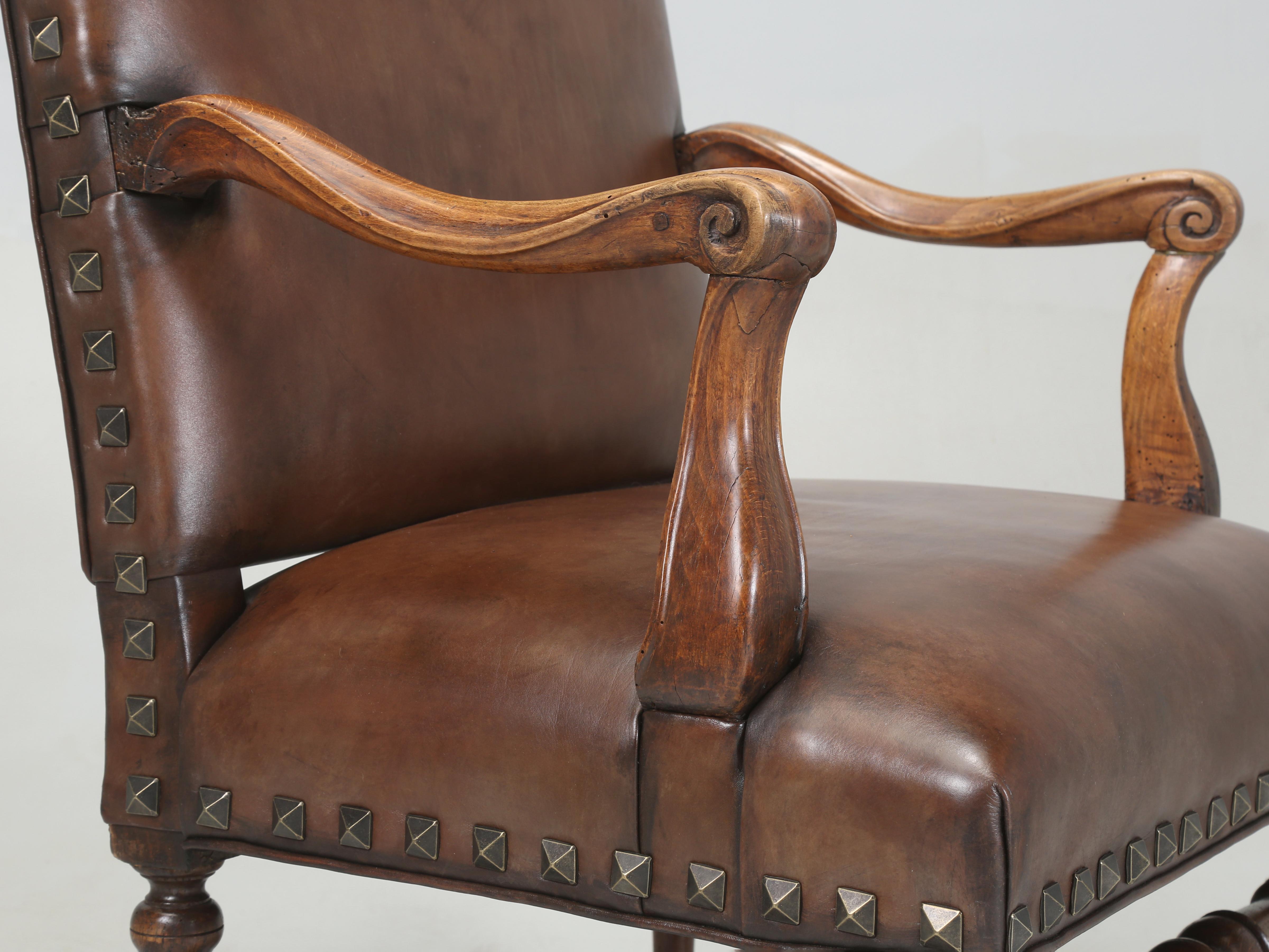 Antique French Leather Armchair in Walnut with New Brown Leather, Fully Restored 3