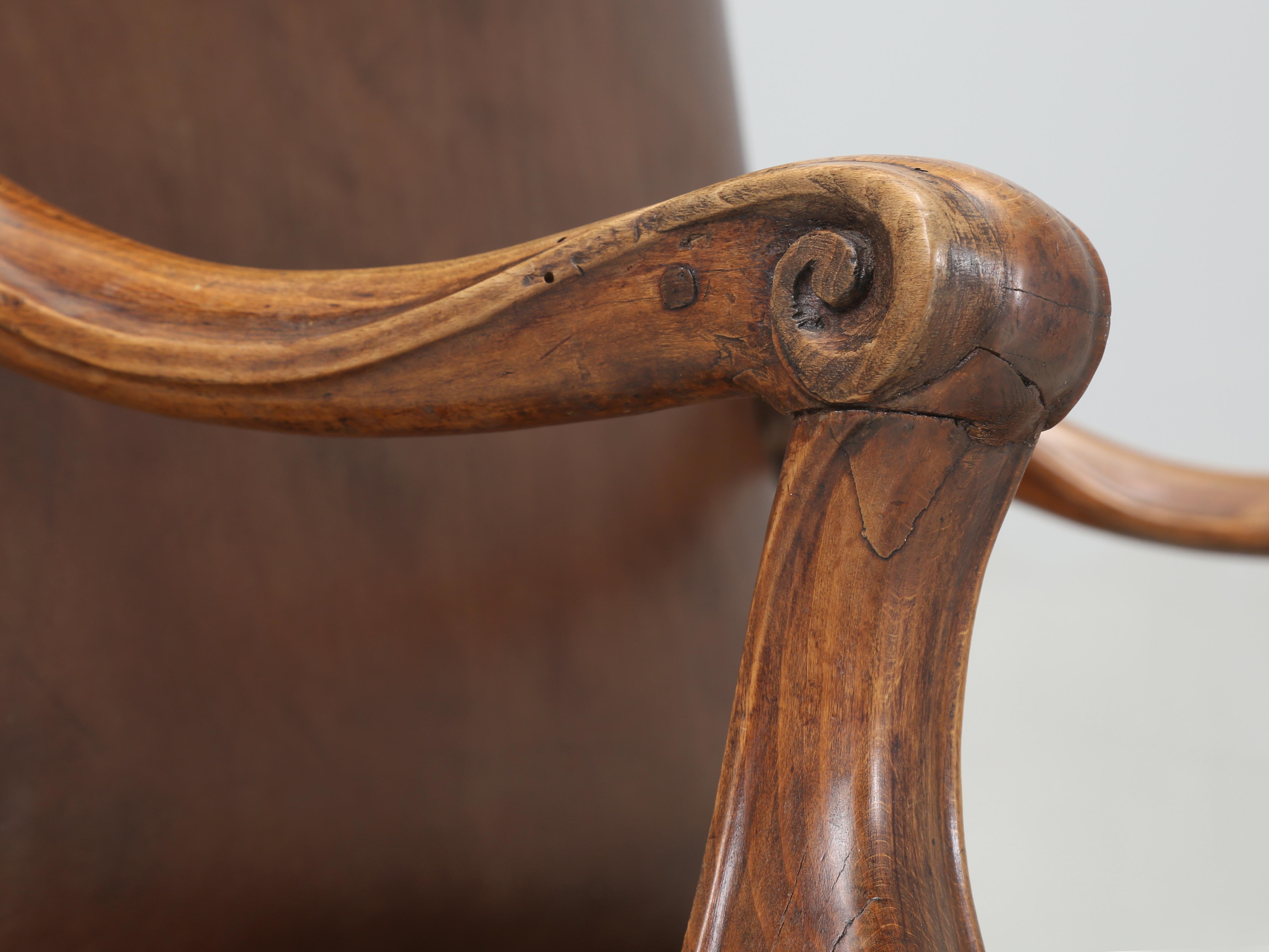 Antique French Leather Armchair in Walnut with New Brown Leather, Fully Restored 4