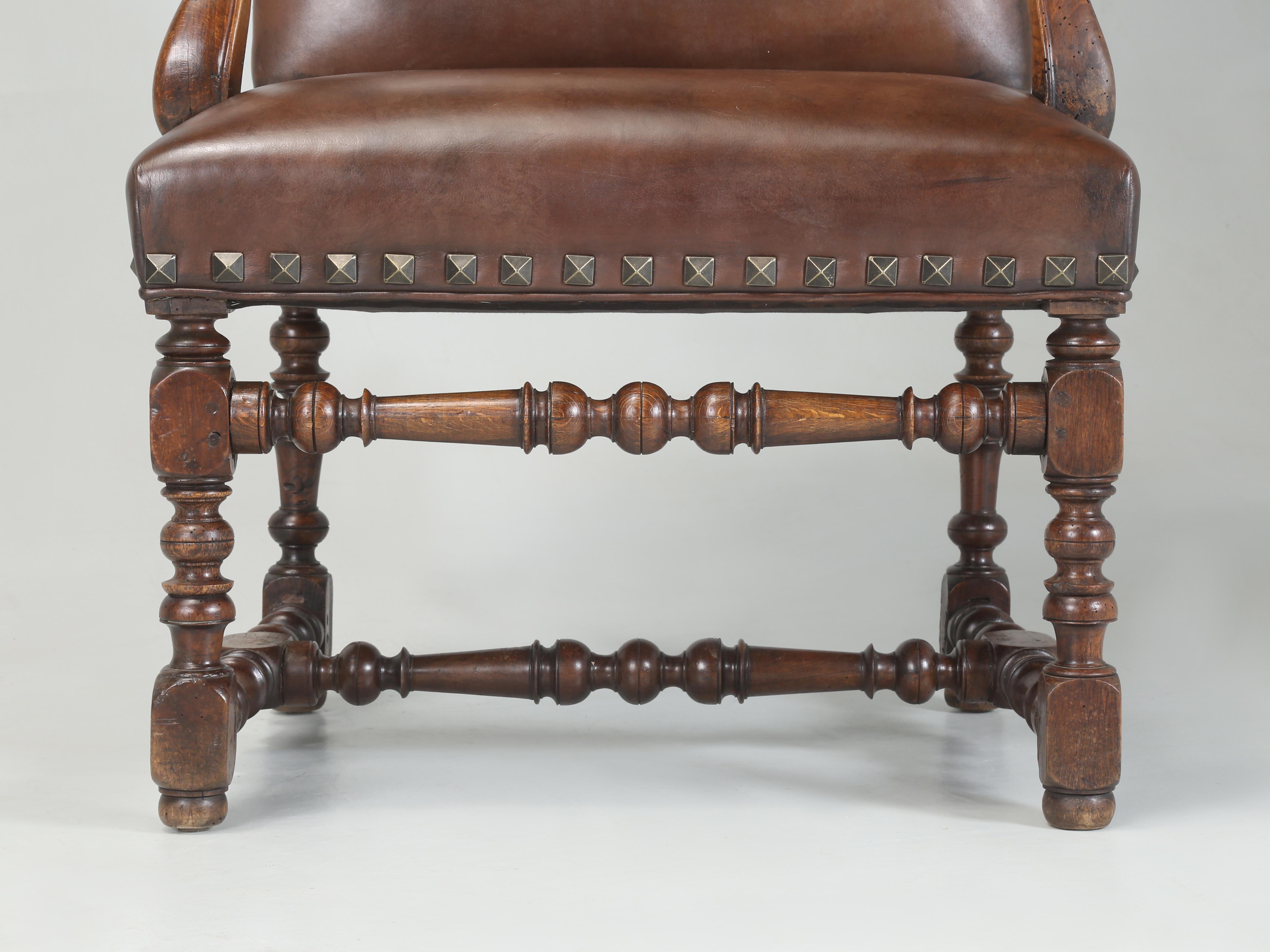 Antique French Leather Armchair in Walnut with New Brown Leather, Fully Restored 5
