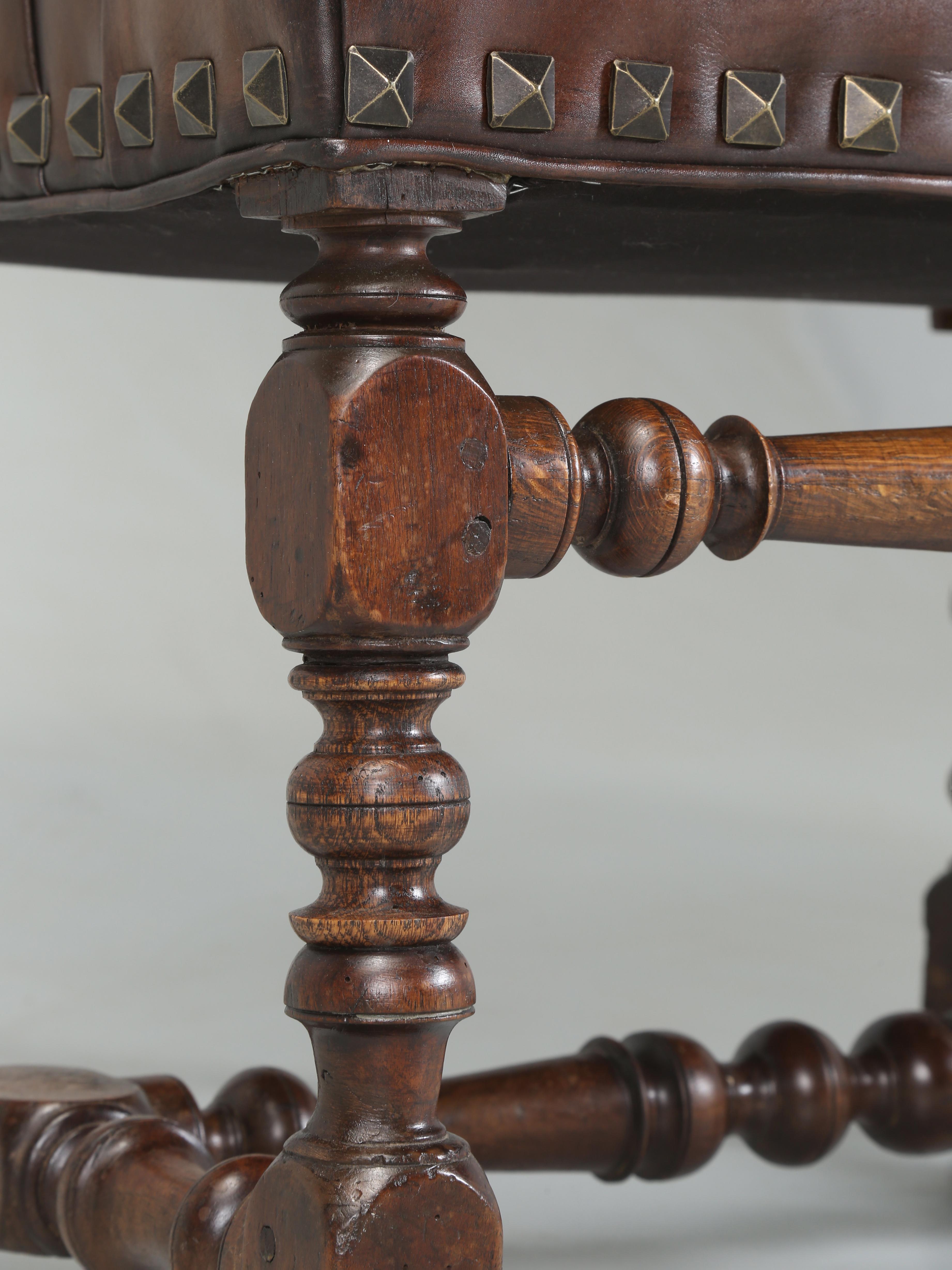 Antique French Leather Armchair in Walnut with New Brown Leather, Fully Restored 7