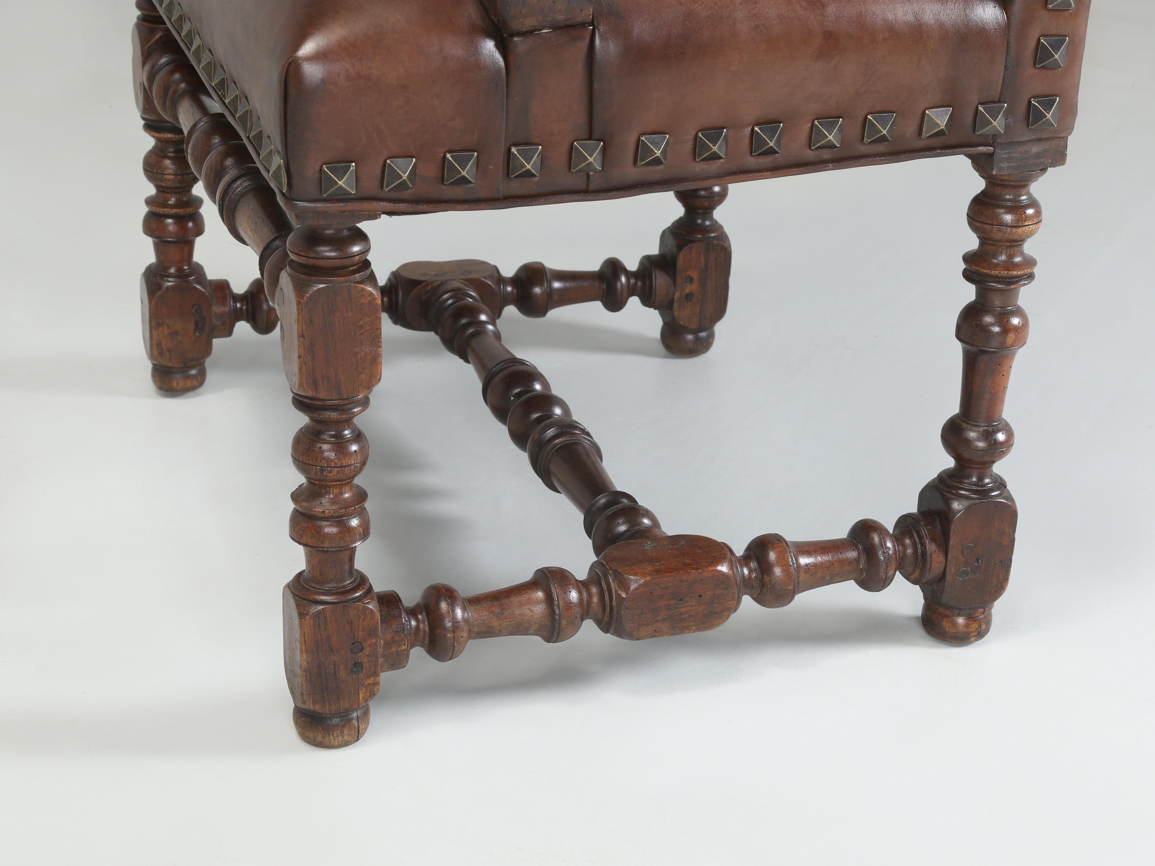 Antique French Leather Armchair in Walnut with New Brown Leather, Fully Restored 8