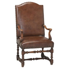 Antique French Leather Armchair in Walnut with New Brown Leather, Fully Restored
