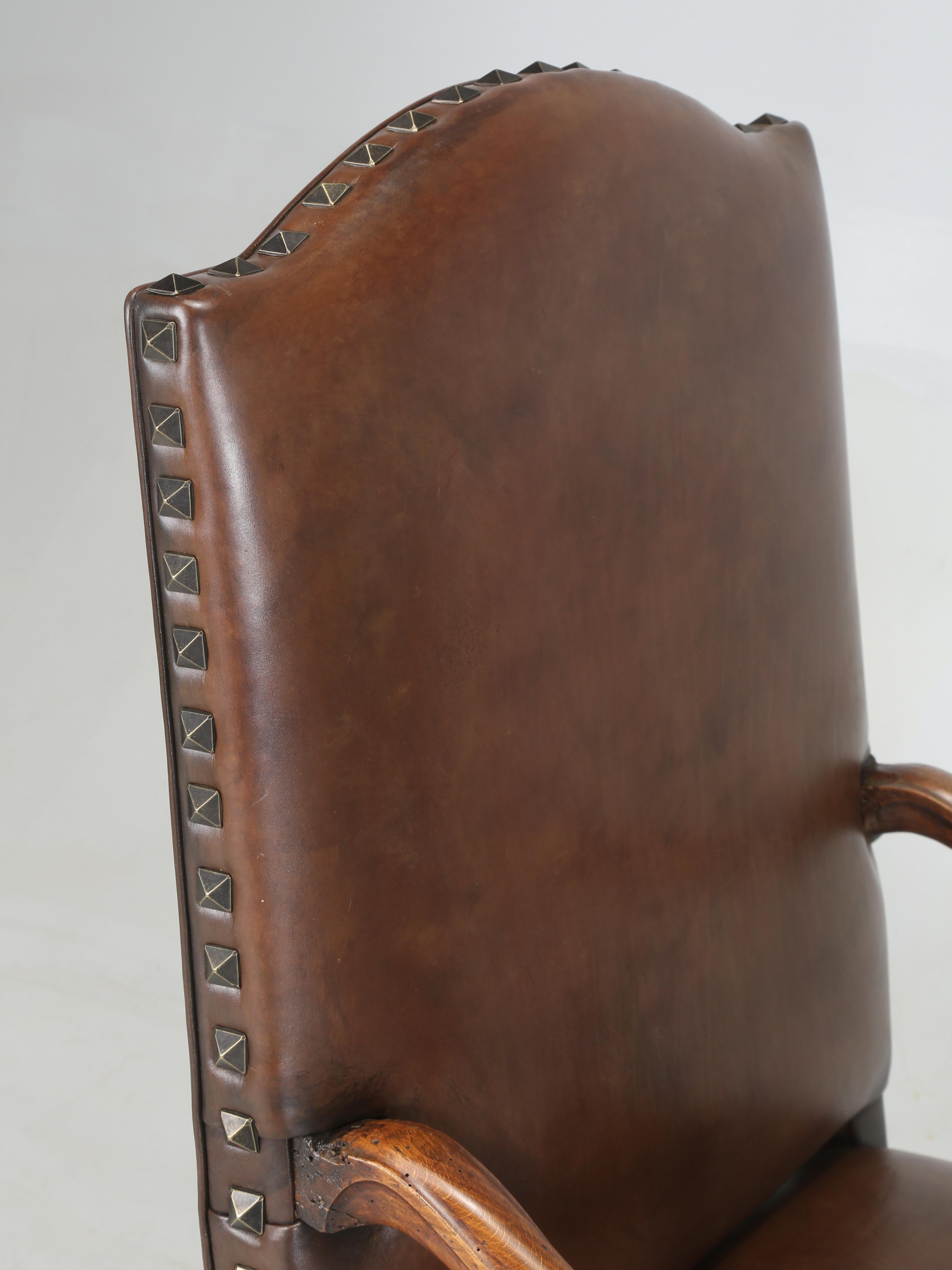Louis XIII Antique French Leather Armchair in Walnut with New Brown Leather, Fully Restored