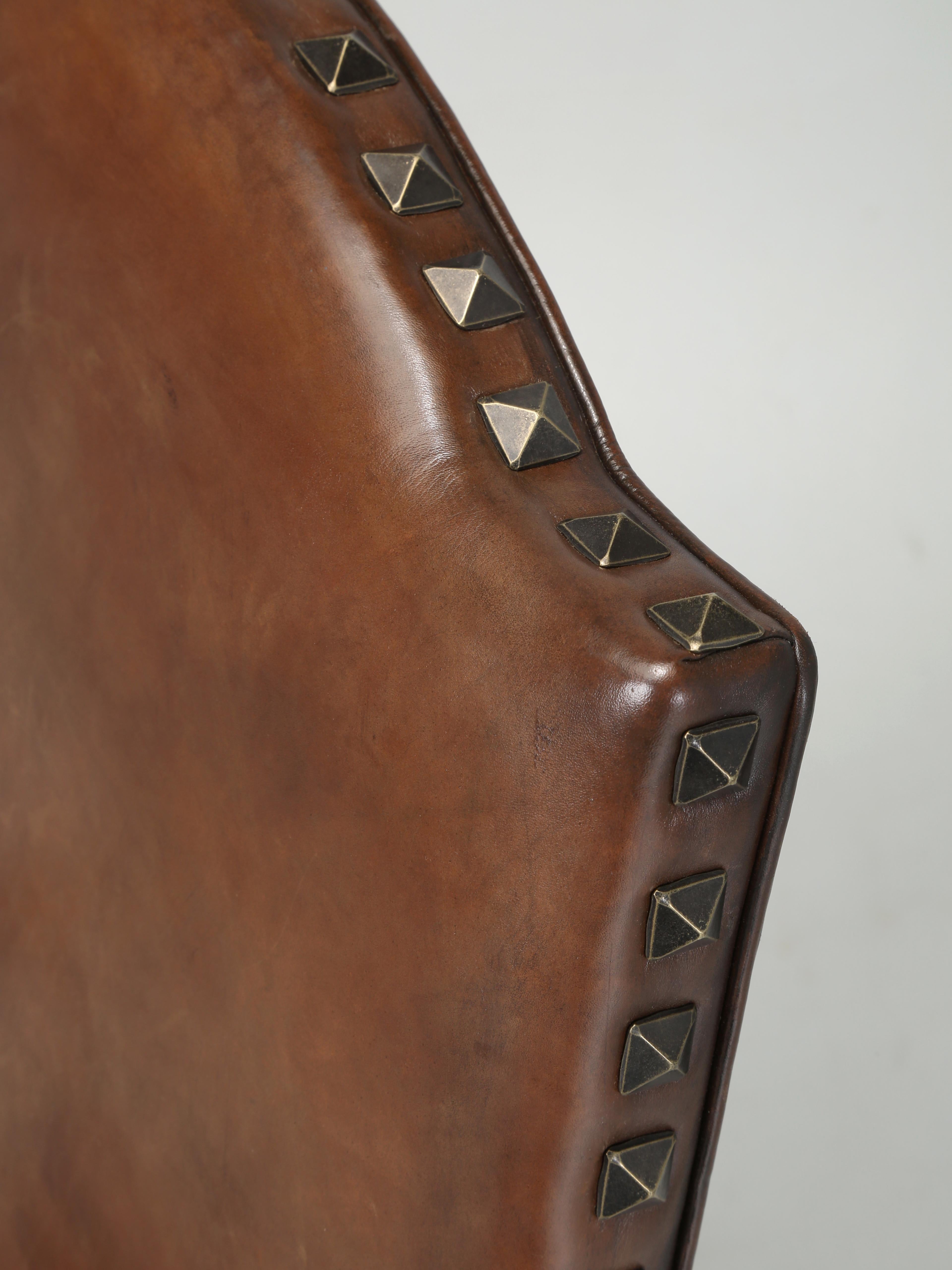 Hand-Carved Antique French Leather Armchair in Walnut with New Brown Leather, Fully Restored