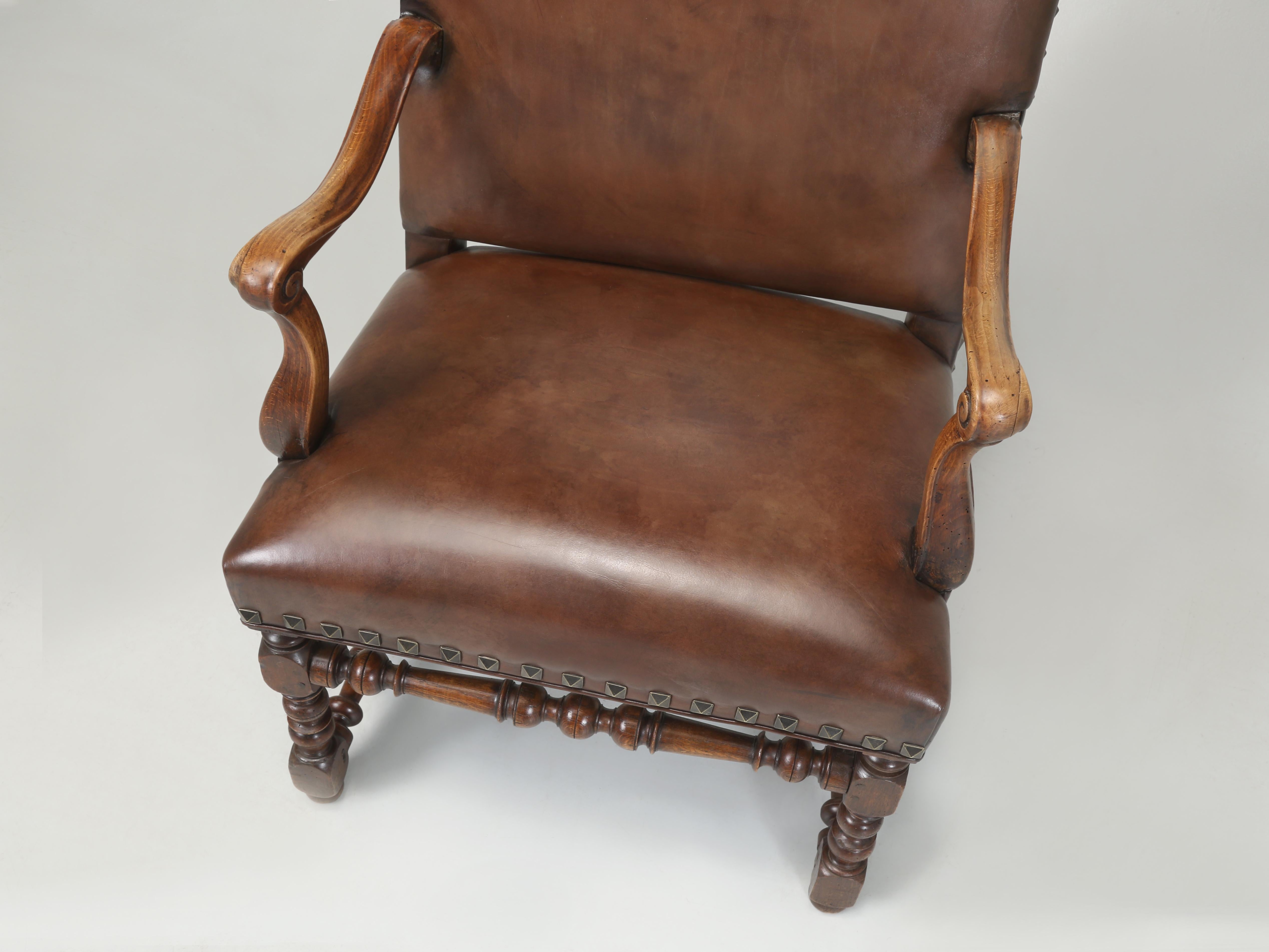 Antique French Leather Armchair in Walnut with New Brown Leather, Fully Restored In Good Condition In Chicago, IL