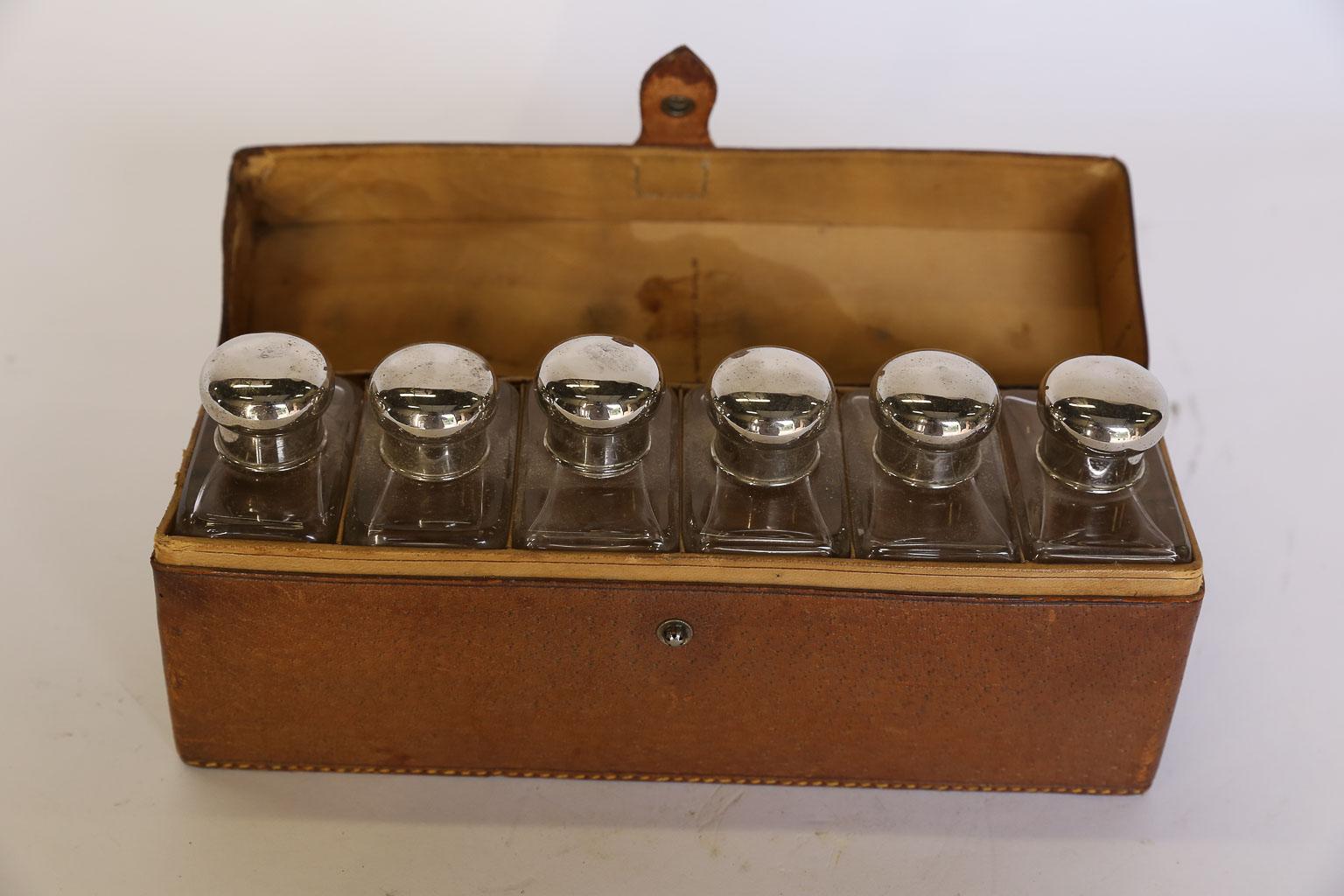 Antique French Leather Box with Six Cologne Bottles In Good Condition In Houston, TX