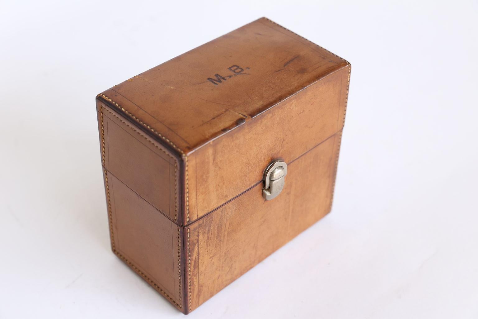 Antique French Leather Box with Three-Cologne Bottles In Good Condition In Houston, TX