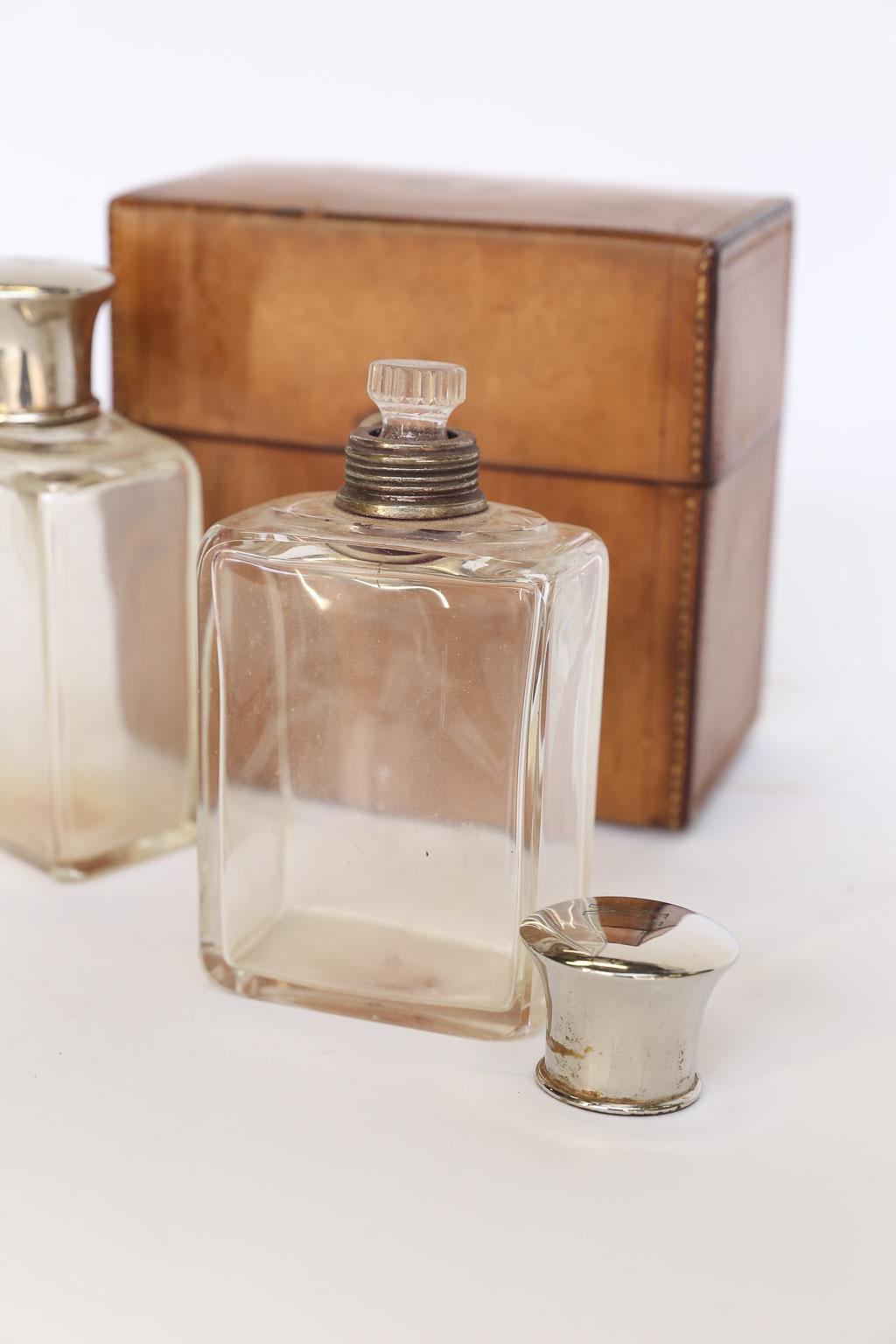 Antique French Leather Box with Three-Cologne Bottles 2