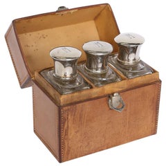 Antique French Leather Box with Three-Cologne Bottles