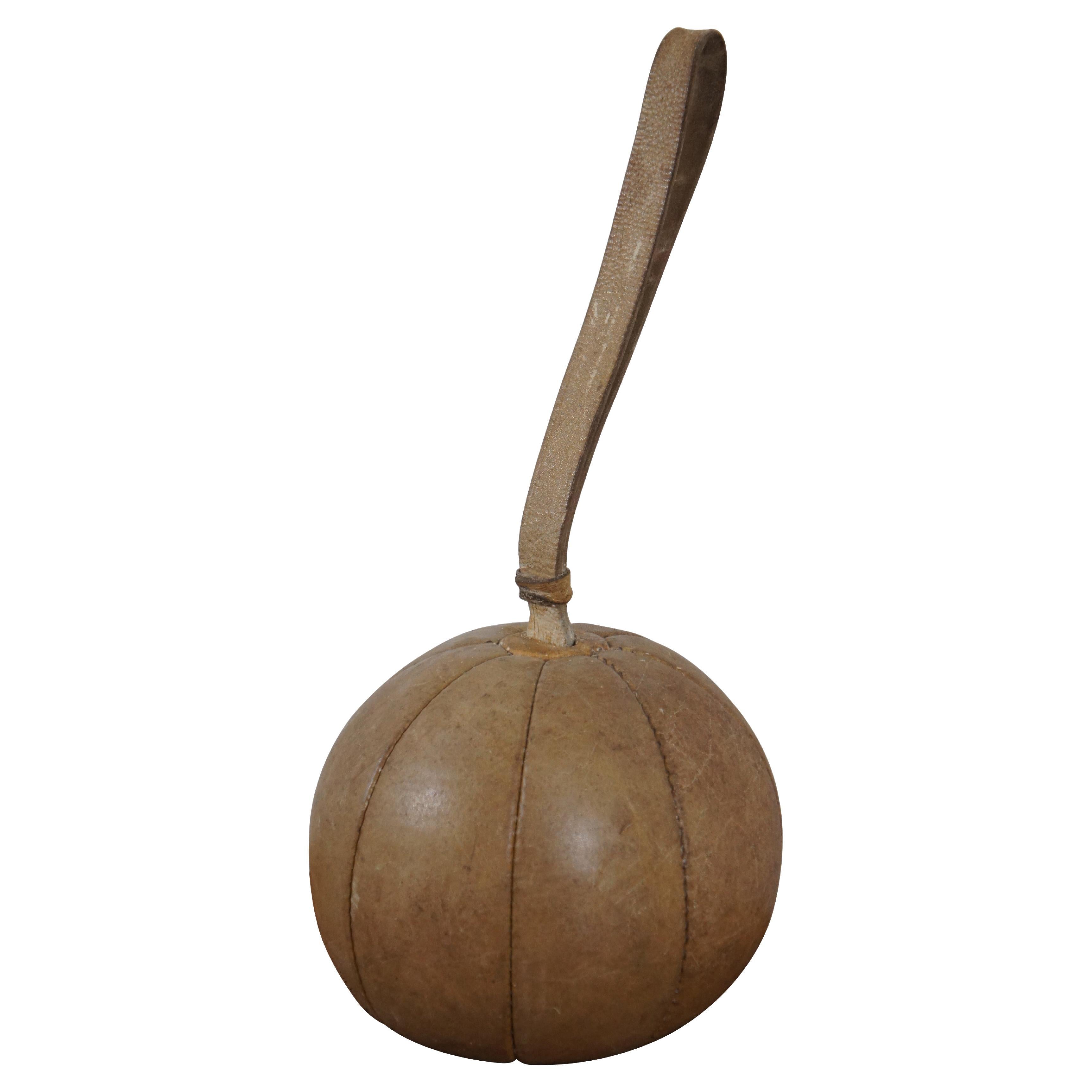 Antique French Leather Boxing Punching Speed Bag Sports Medicine Ball 8" For Sale