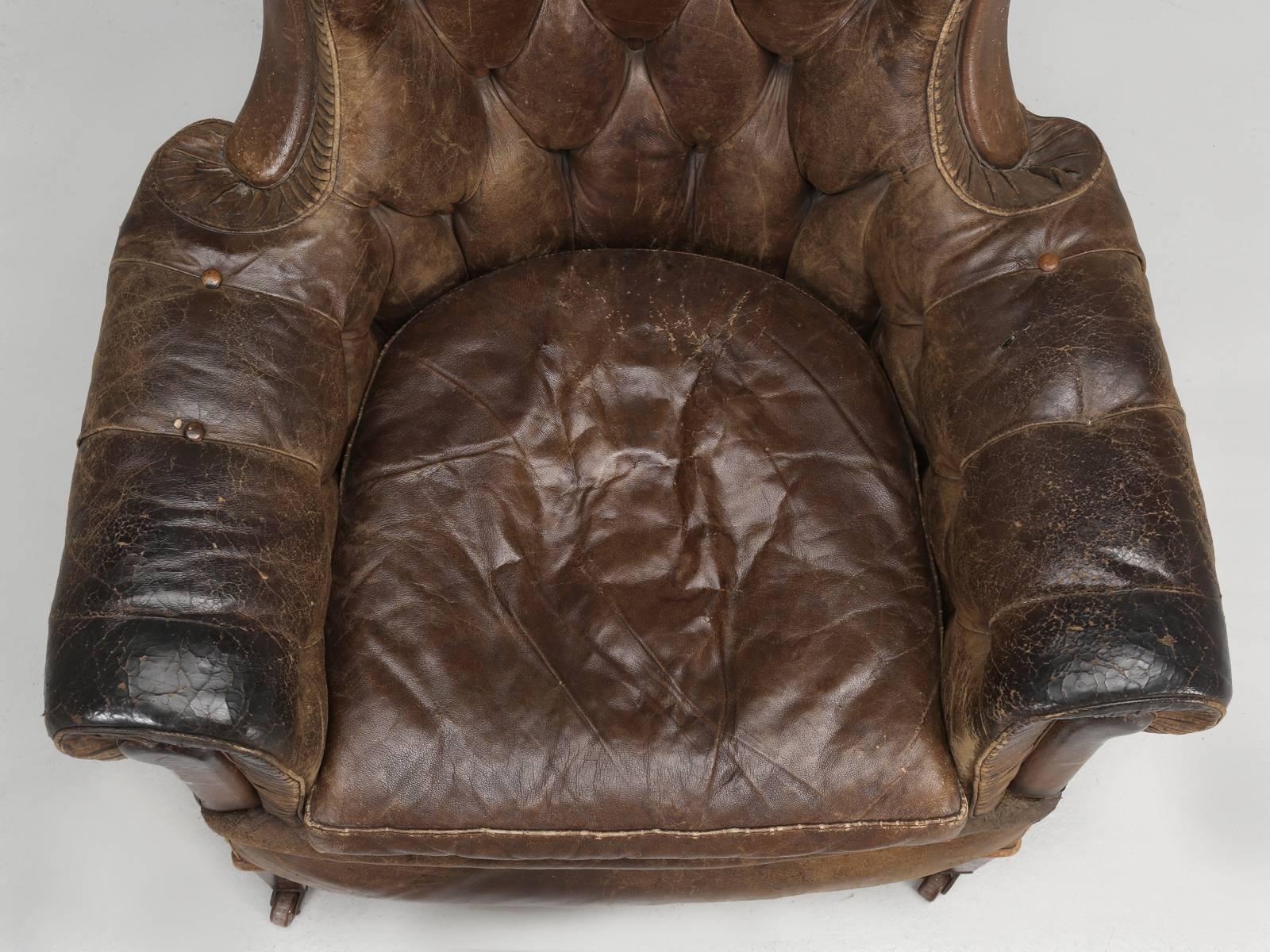 Country Antique French Leather Chair, circa 1800s