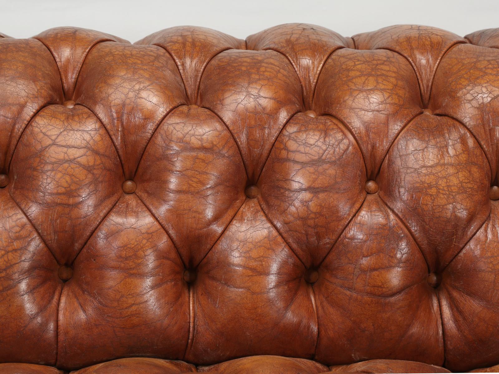 Early 20th Century Antique French Leather Chesterfield Sofa Bronze Lion Paw Feet, Horsehair Padding