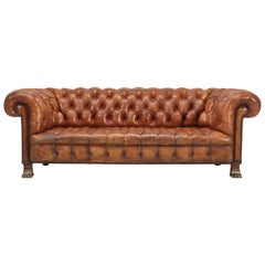 Antique French Leather Chesterfield Sofa Bronze Lion Paw Feet, Horsehair Padding