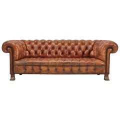Antique French Leather Chesterfield Sofa Lion Paw Feet and Horsehair Padding