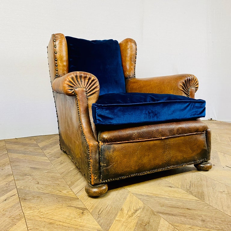 Antique French Leather Club Armchair on Castors, circa 1900s For Sale