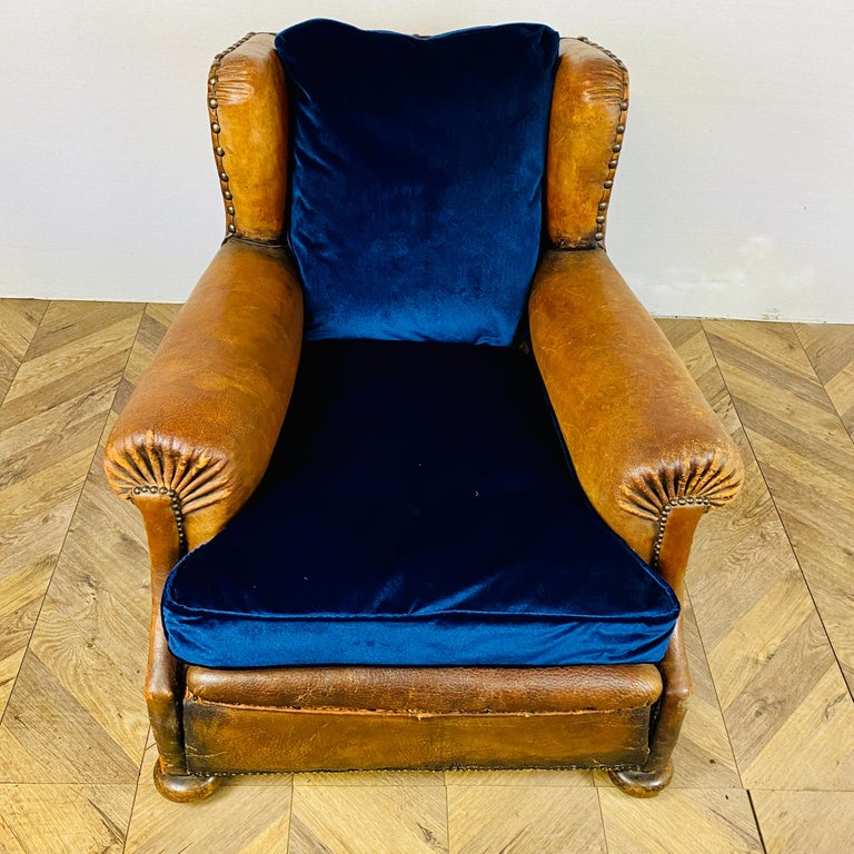 Antique French Leather Club Armchair on Castors, circa 1900s For Sale