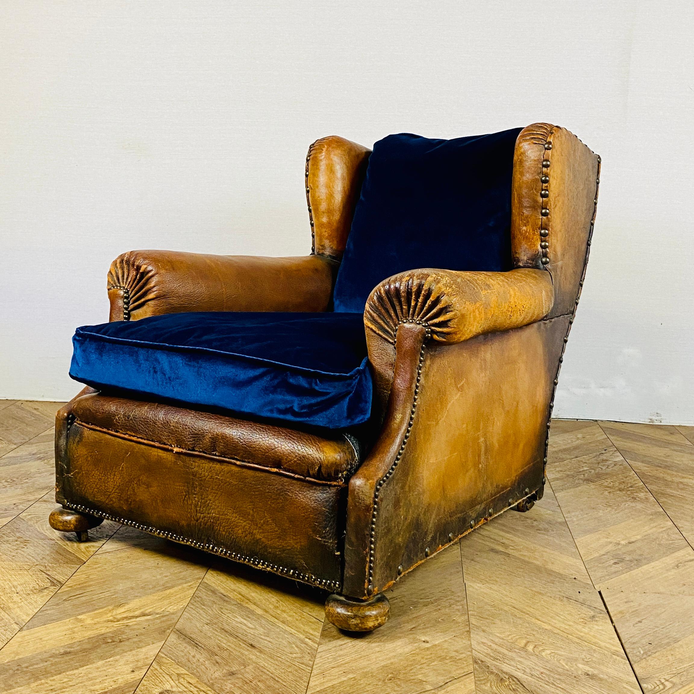 French Provincial Antique French Leather Club Armchair on Castors, circa 1900s