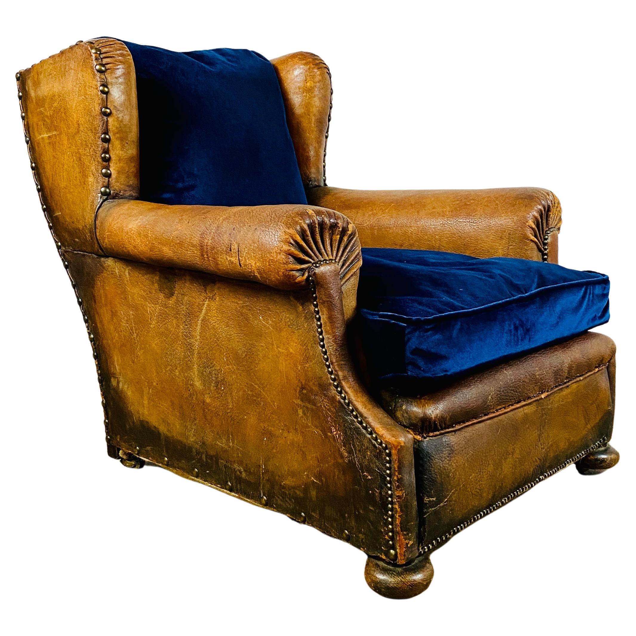 Antique French Leather Club Armchair on Castors, circa 1900s