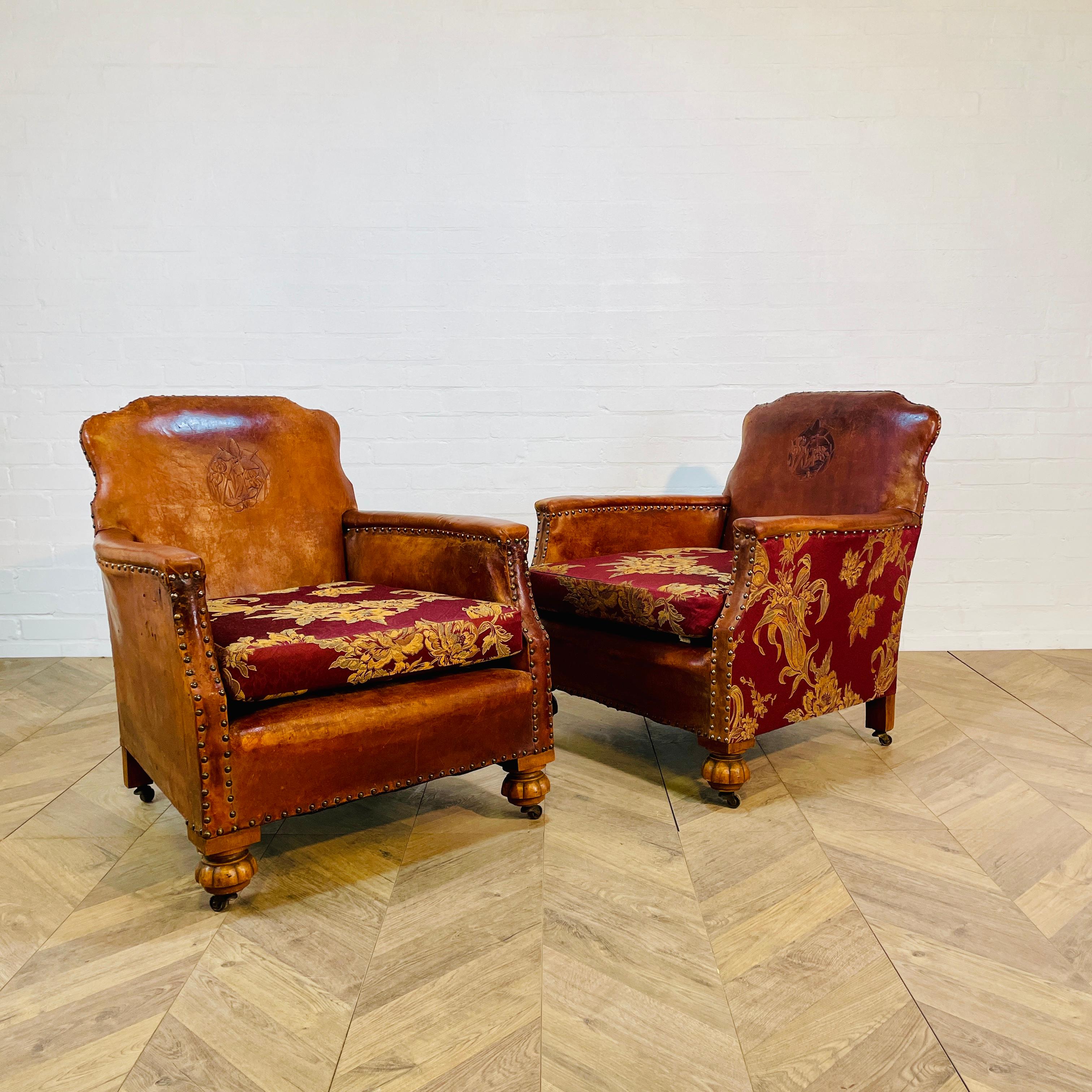 Antique French Leather Club Chairs, Set of 2, circa 1920s 8