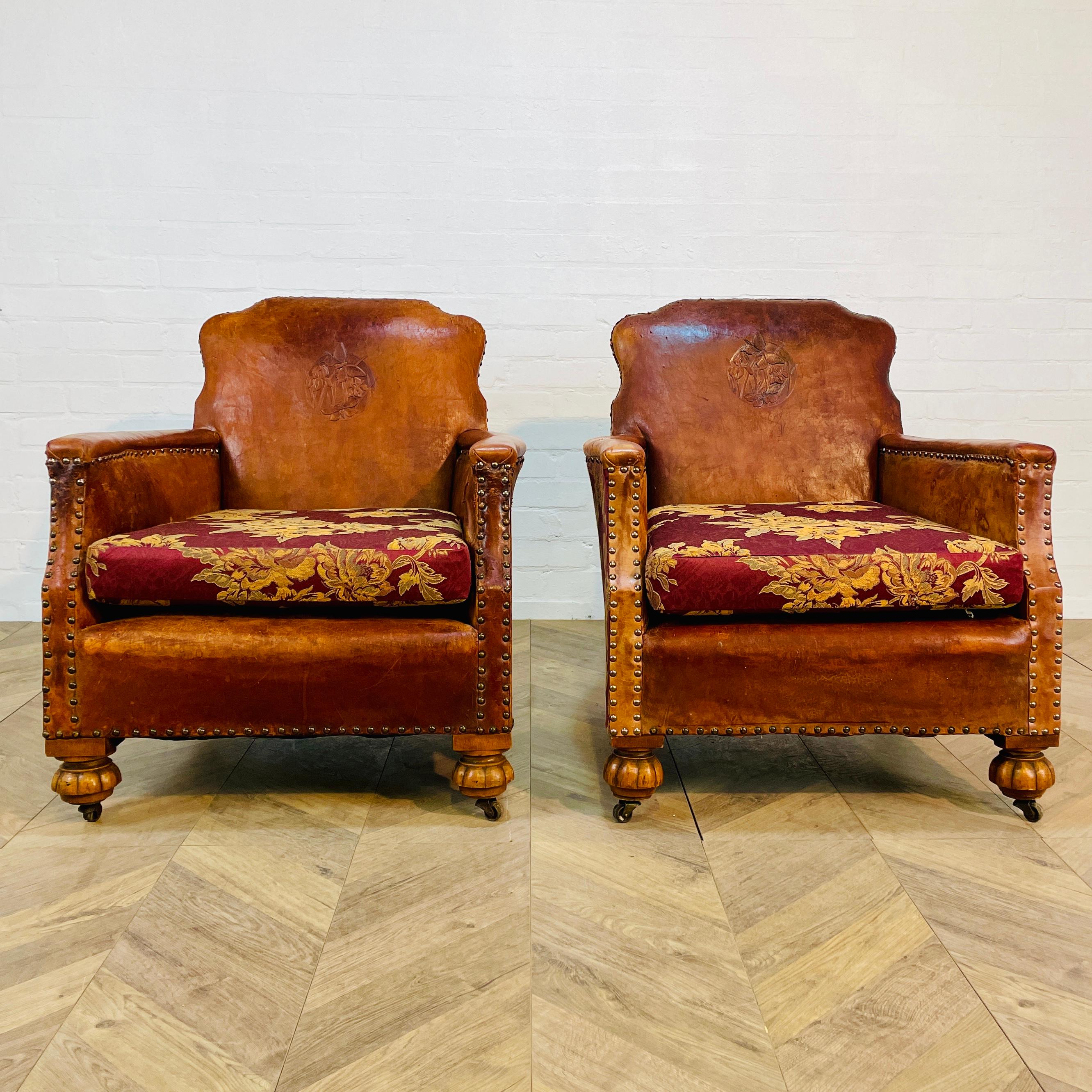 Antique French Leather Club Chairs, Set of 2, circa 1920s 9