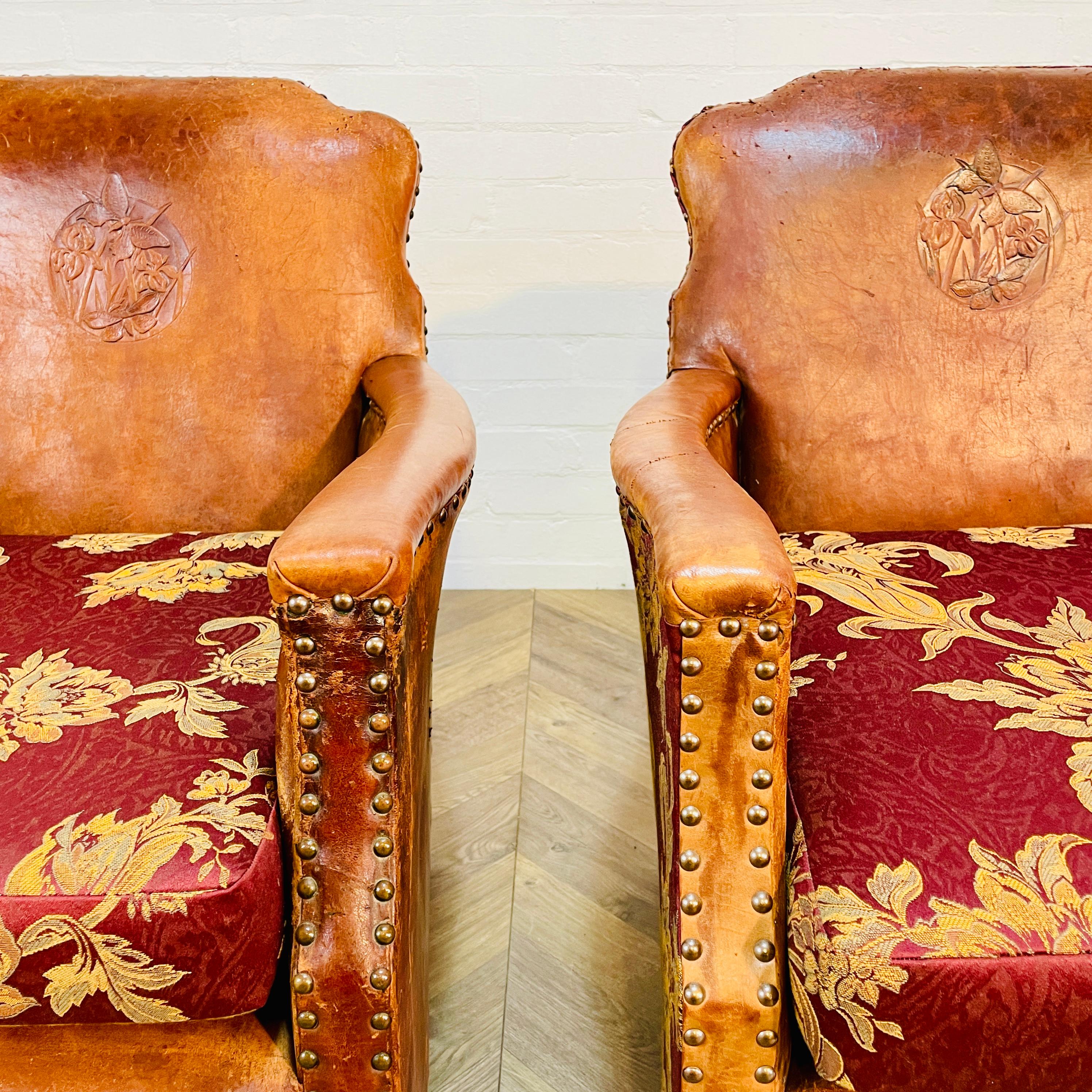 Art Deco Antique French Leather Club Chairs, Set of 2, circa 1920s