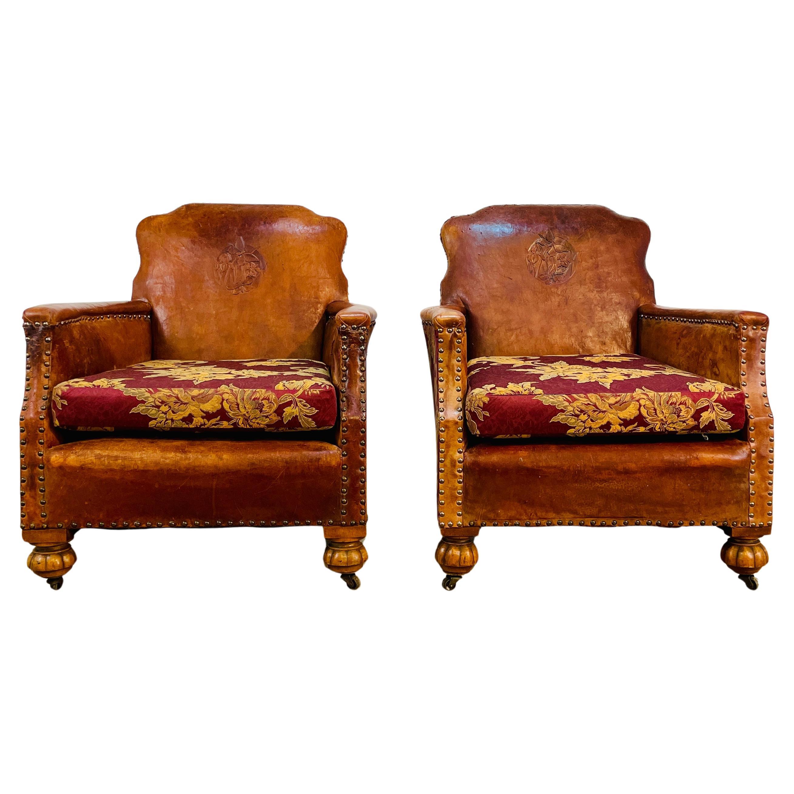 Antique French Leather Club Chairs, Set of 2, circa 1920s