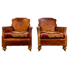Antique French Leather Club Chairs, Set of 2, circa 1920s