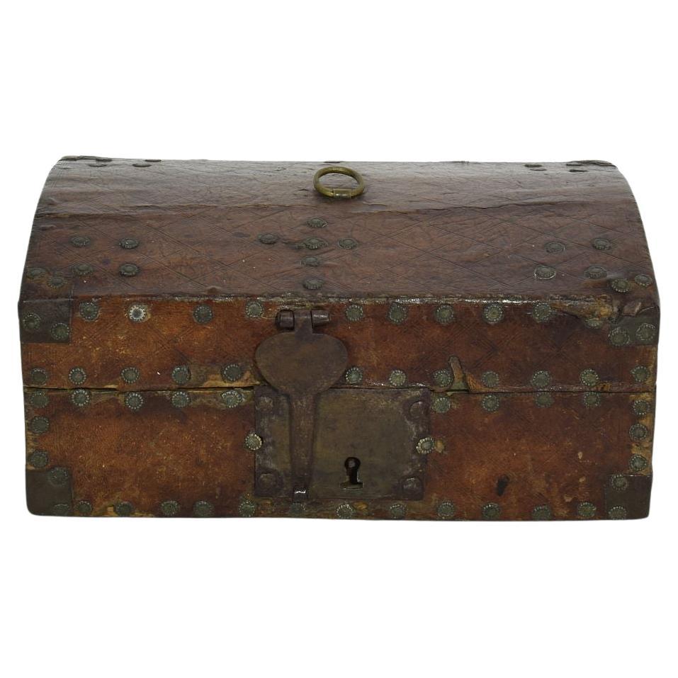 Antique French Leather Coffer Box with Metal Accents, Circa 1600-1700