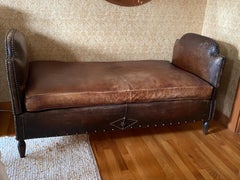 Antique French Leather Drop Arm Daybed Sofa