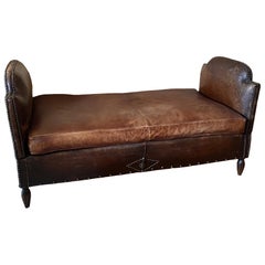 Antique French Leather Drop Arm Daybed Sofa