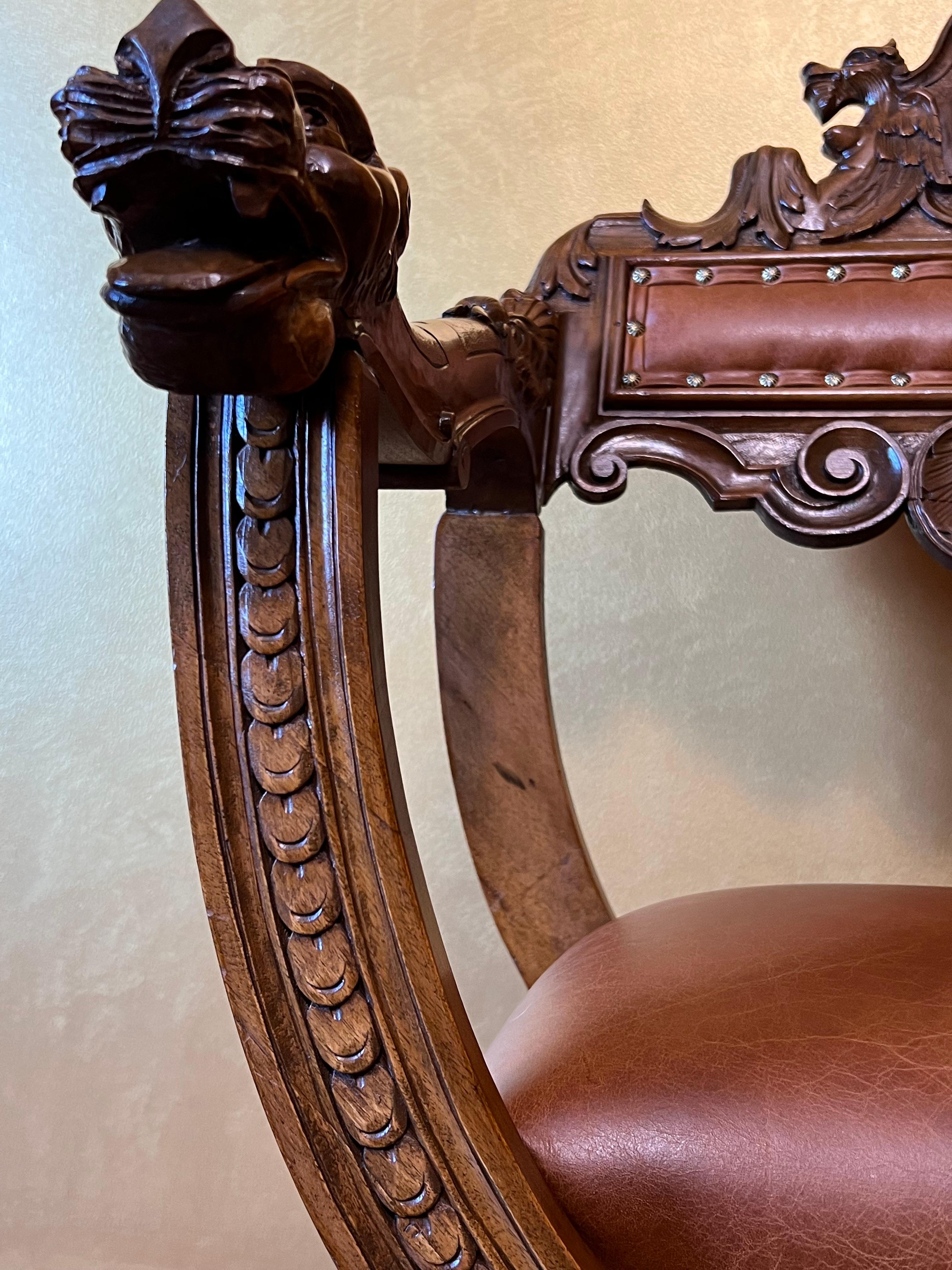 Antique French Leather & Oak Savonarola Armchair For Sale 8