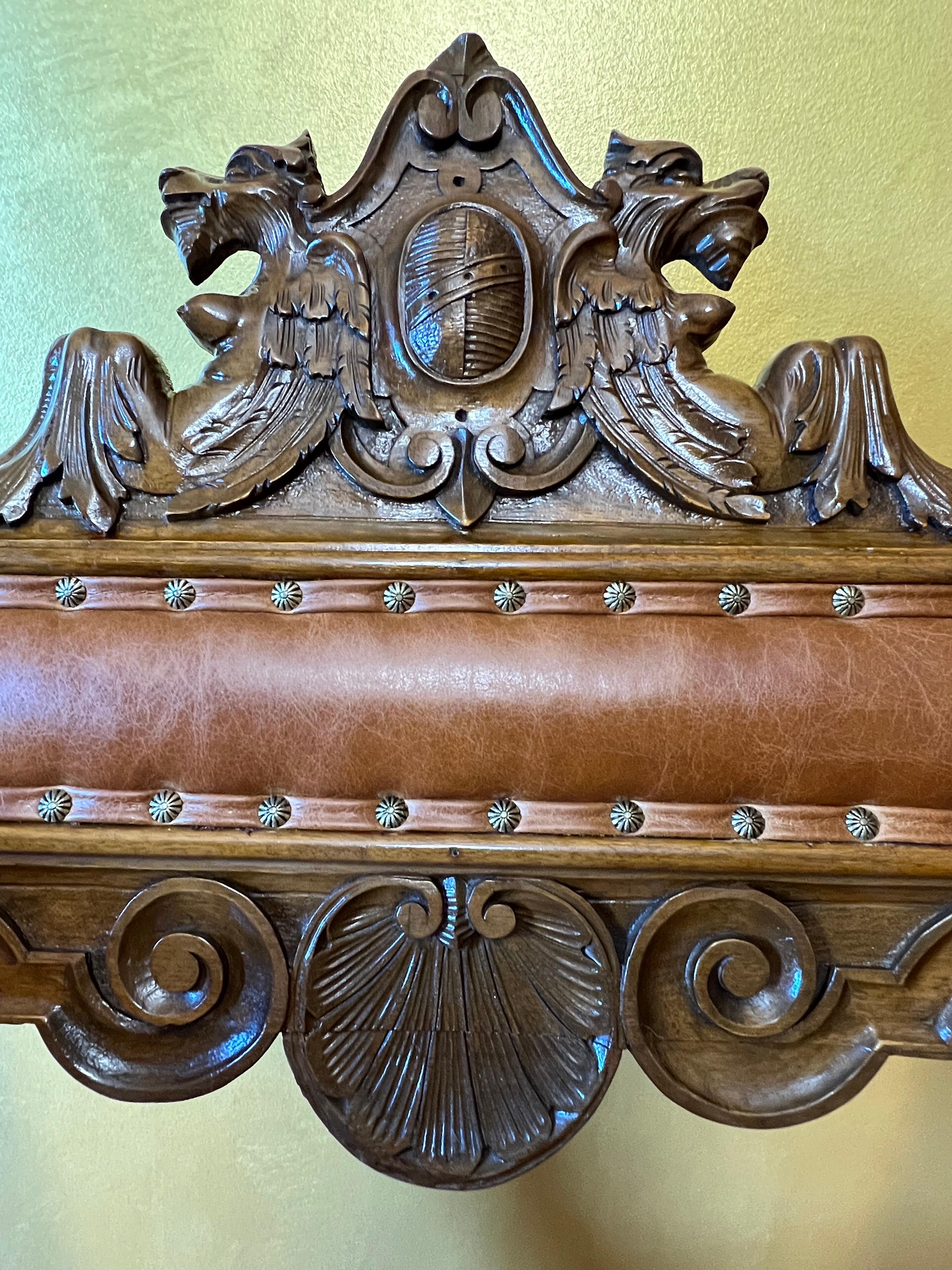 Antique French Leather & Oak Savonarola Armchair For Sale 9
