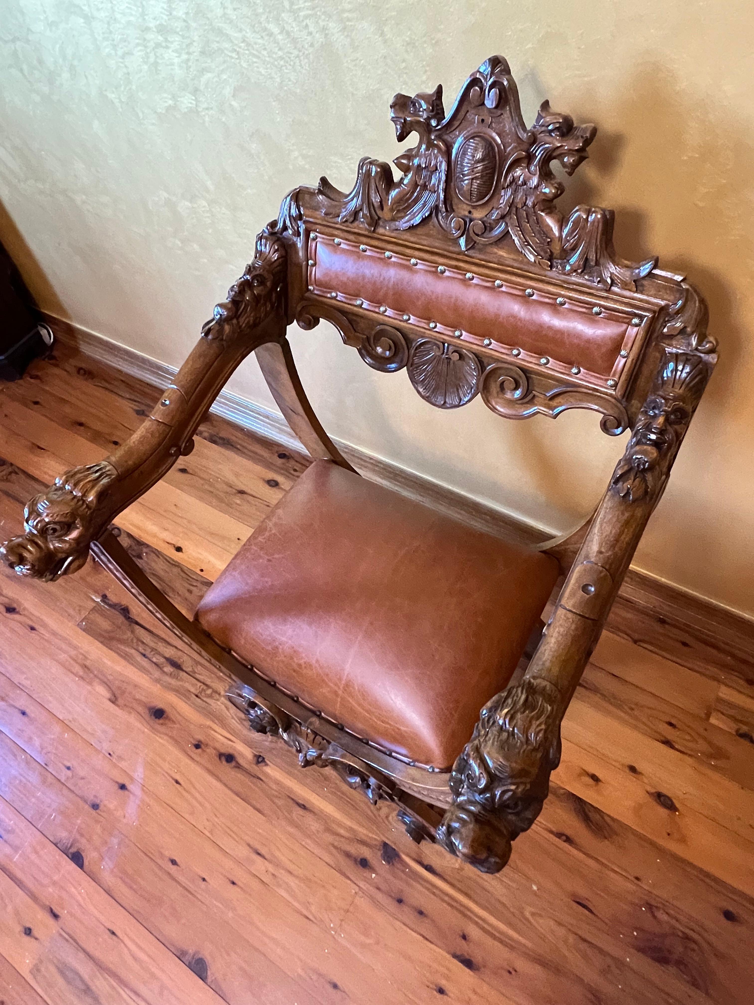 Antique French Leather & Oak Savonarola Armchair For Sale 11