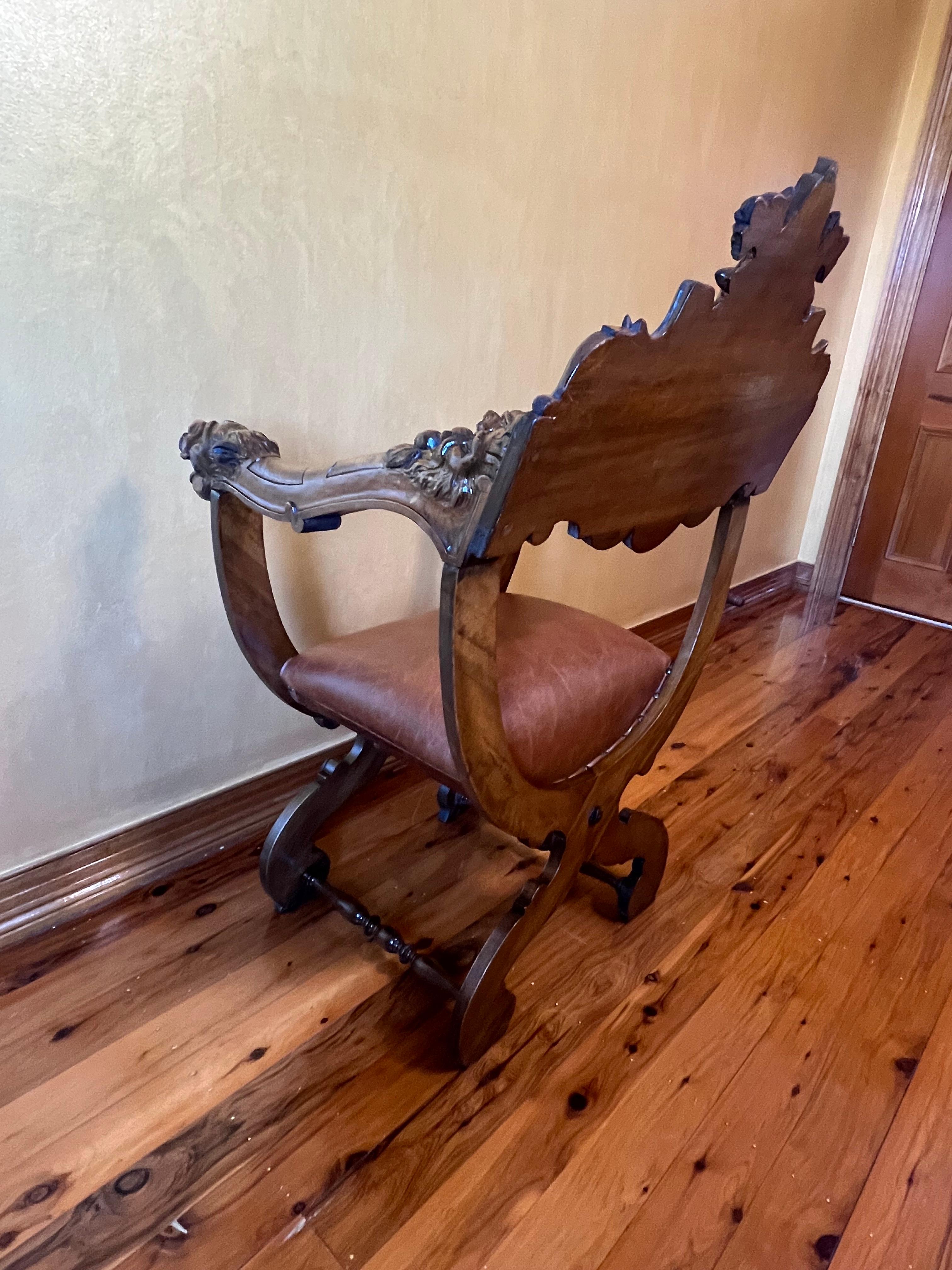 Antique French Leather & Oak Savonarola Armchair For Sale 14