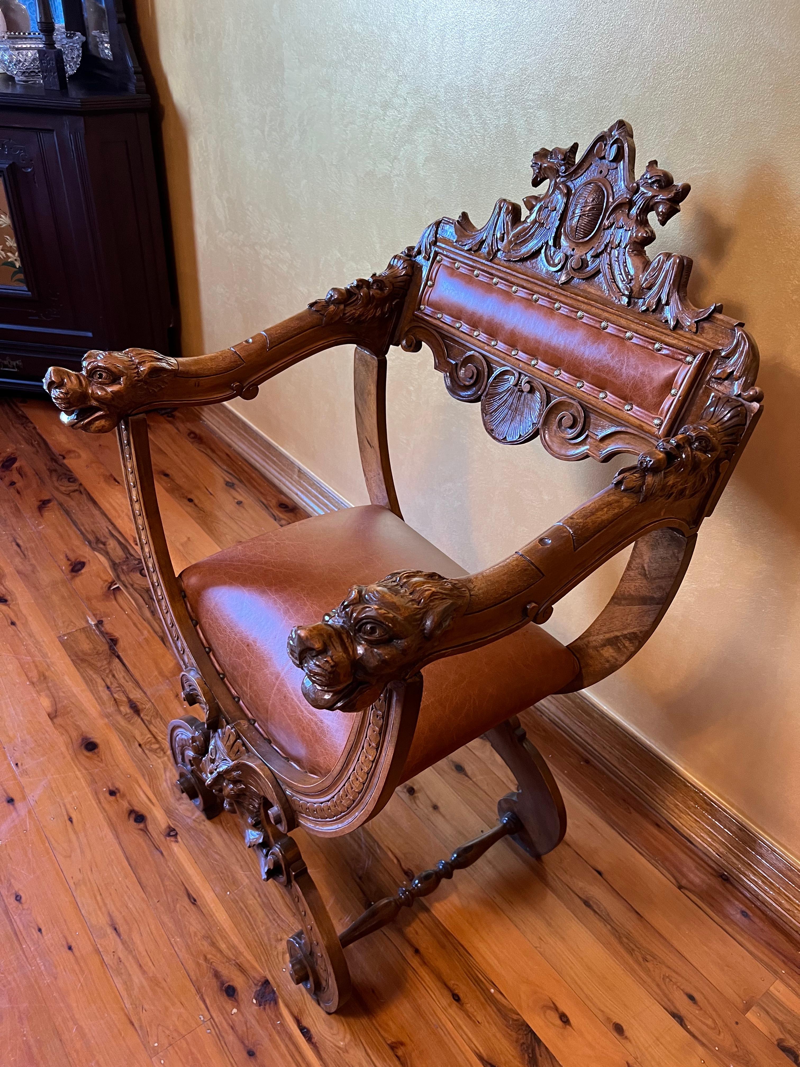 tan leather seat and back rest, impressive carved detail throughout, padded seat for comfort, cross frame base, carved shield to back, of the highest quality.

Circa: 1870

Material: Oak & Leather

Country of Origin: France

Measurements: 109cm
