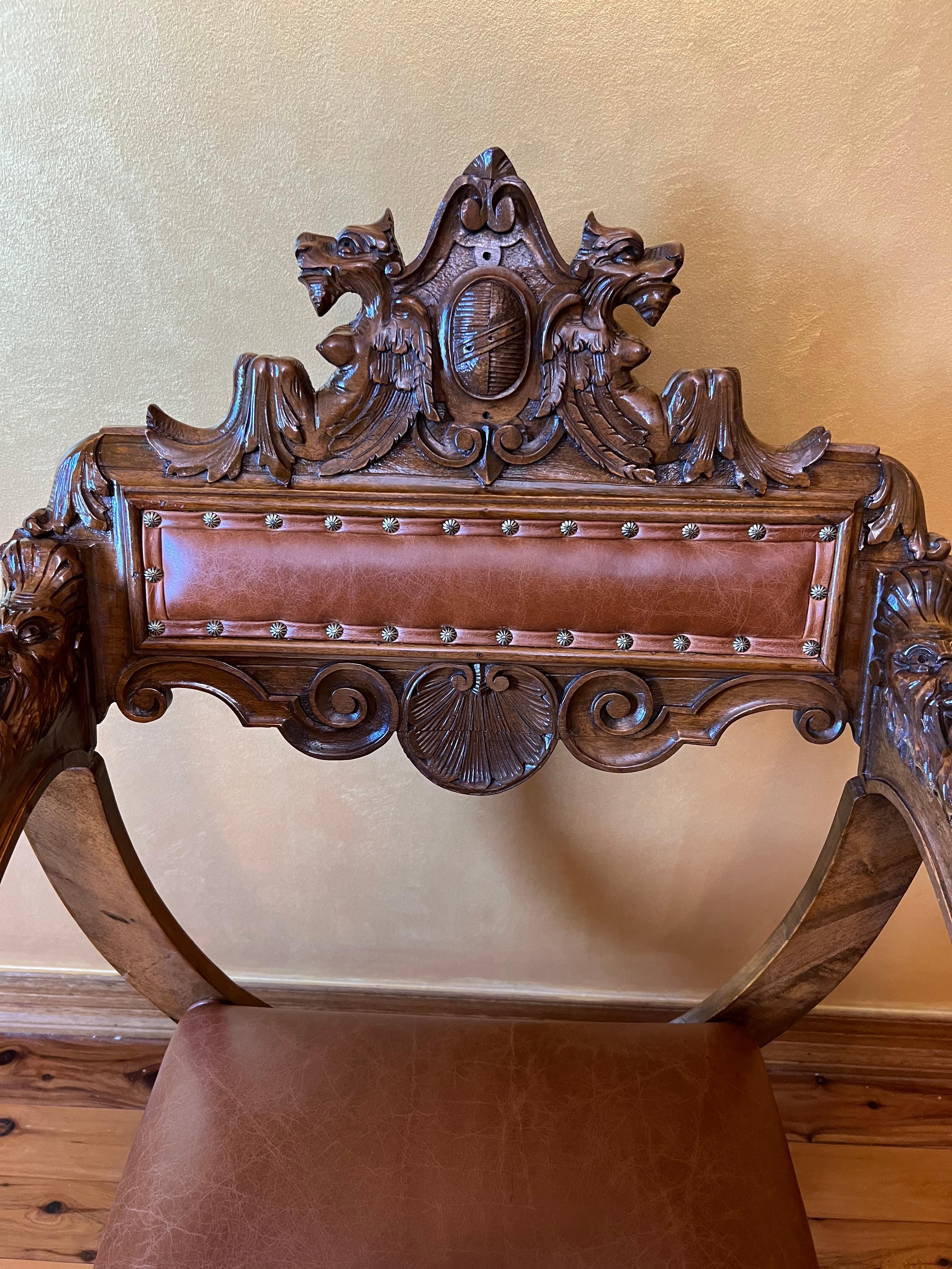 19th Century Antique French Leather & Oak Savonarola Armchair For Sale