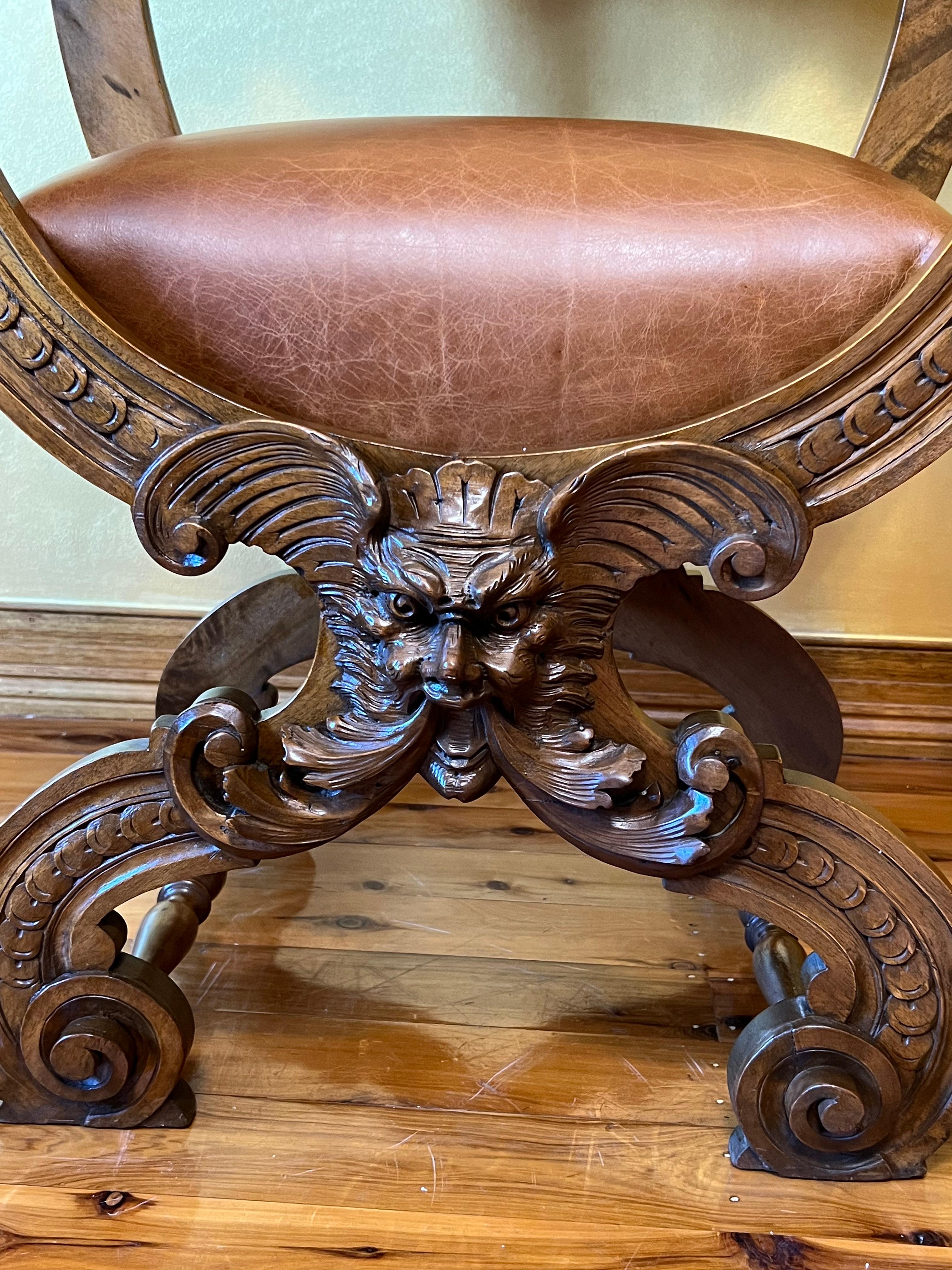Antique French Leather & Oak Savonarola Armchair For Sale 5