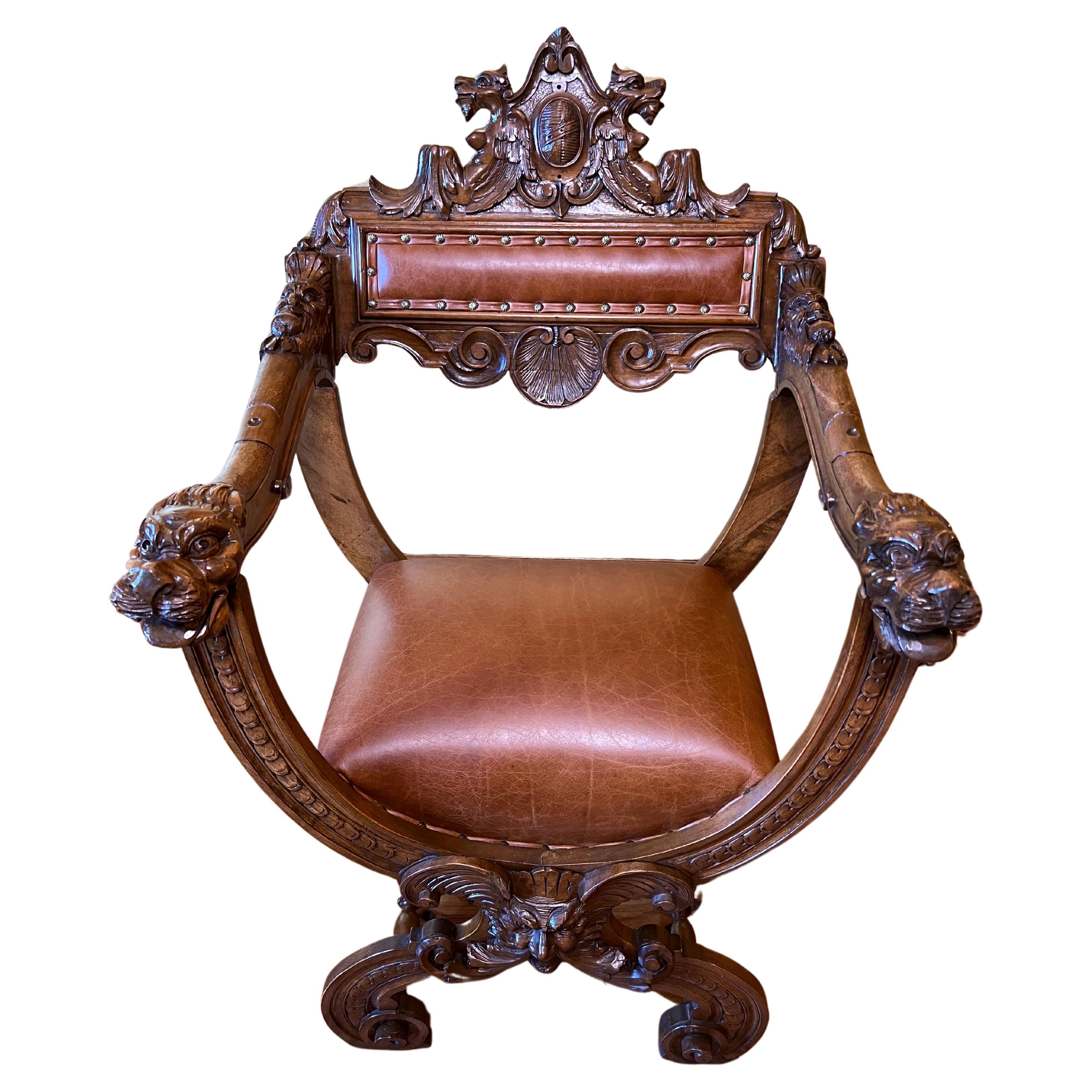 Antiker französischer Savonarola-Sessel aus Leder und Eiche