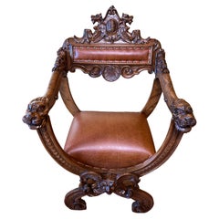 Fauteuil Savonarola français ancien en cuir et Oak