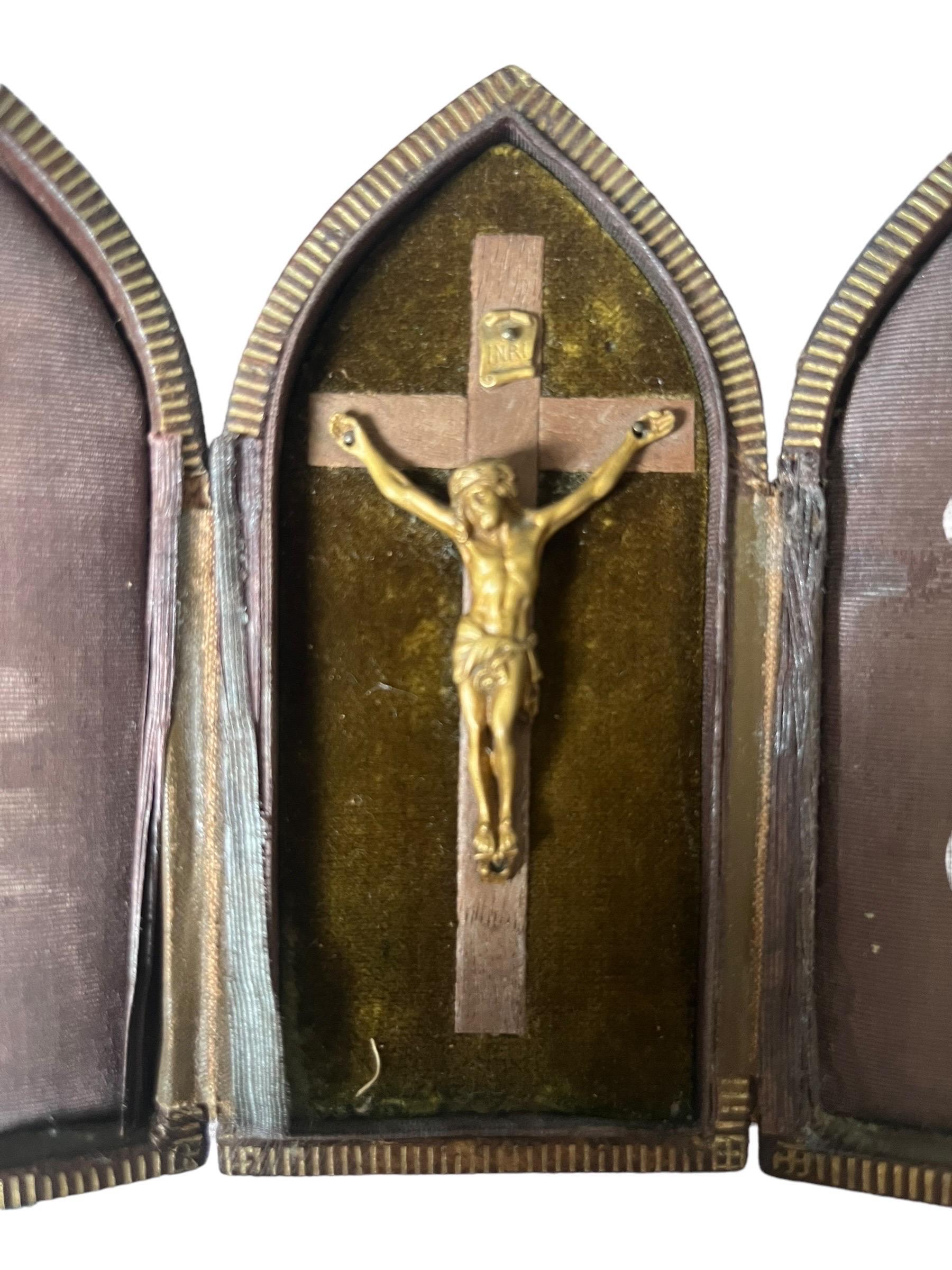 19th Century Antique French leather portable travel crucifix / altar - Paris France 19th