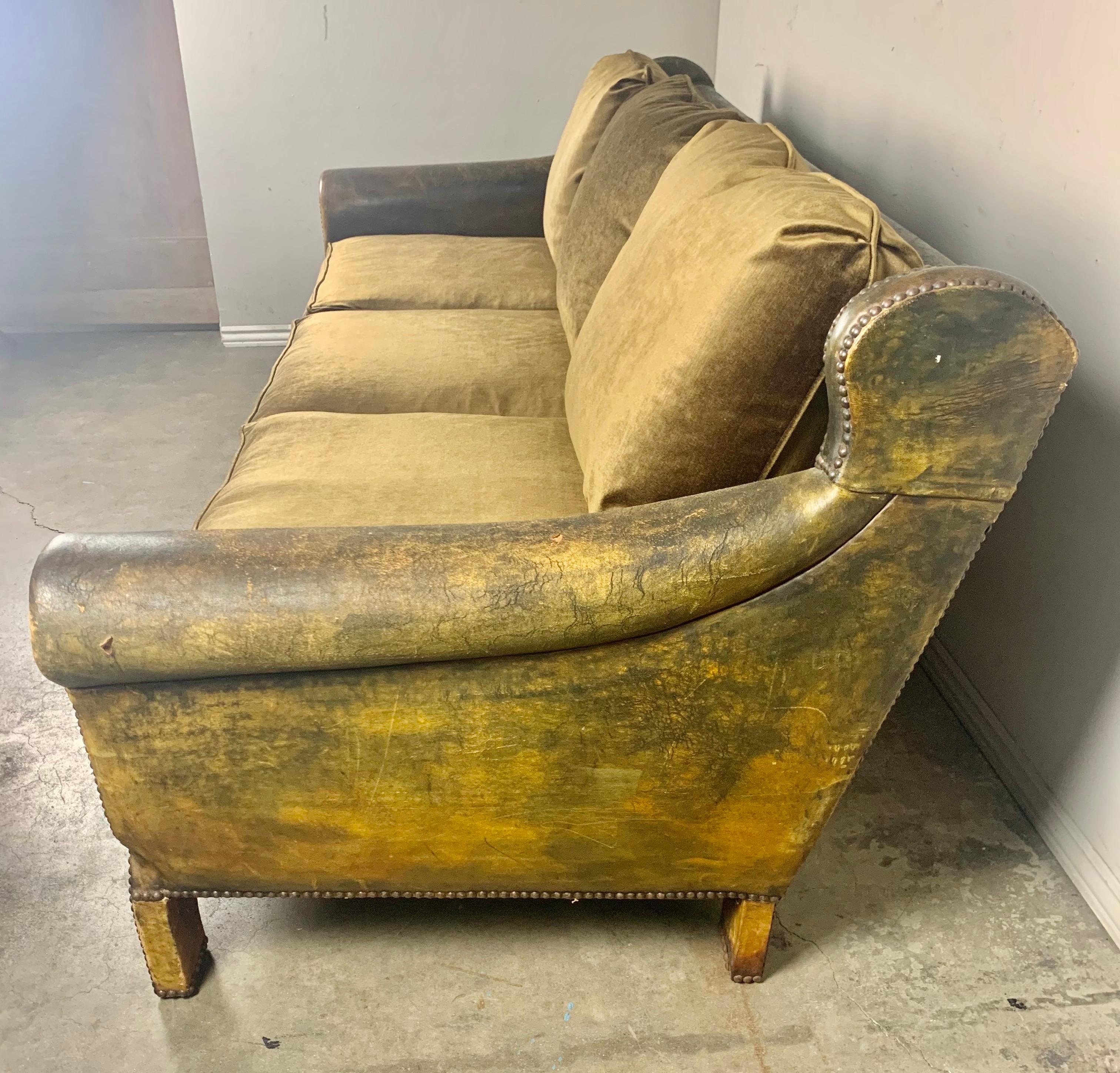 Antique French Leather Sofa w/ Velvet Cushions, C. 1930's 5