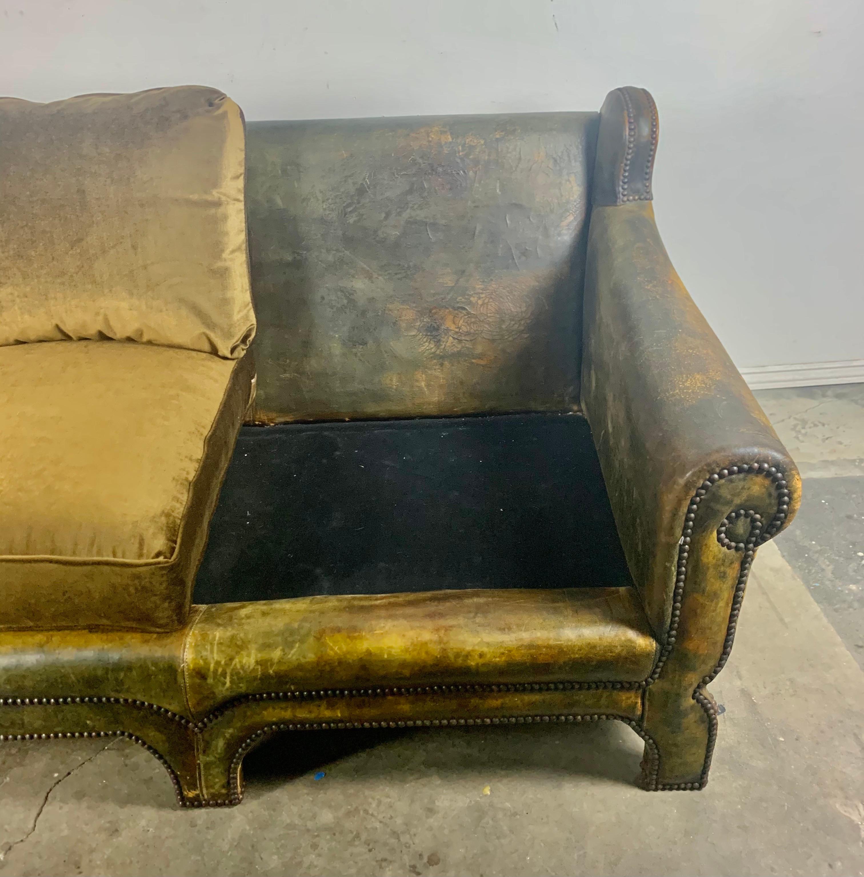 Antique French Leather Sofa w/ Velvet Cushions, C. 1930's 6