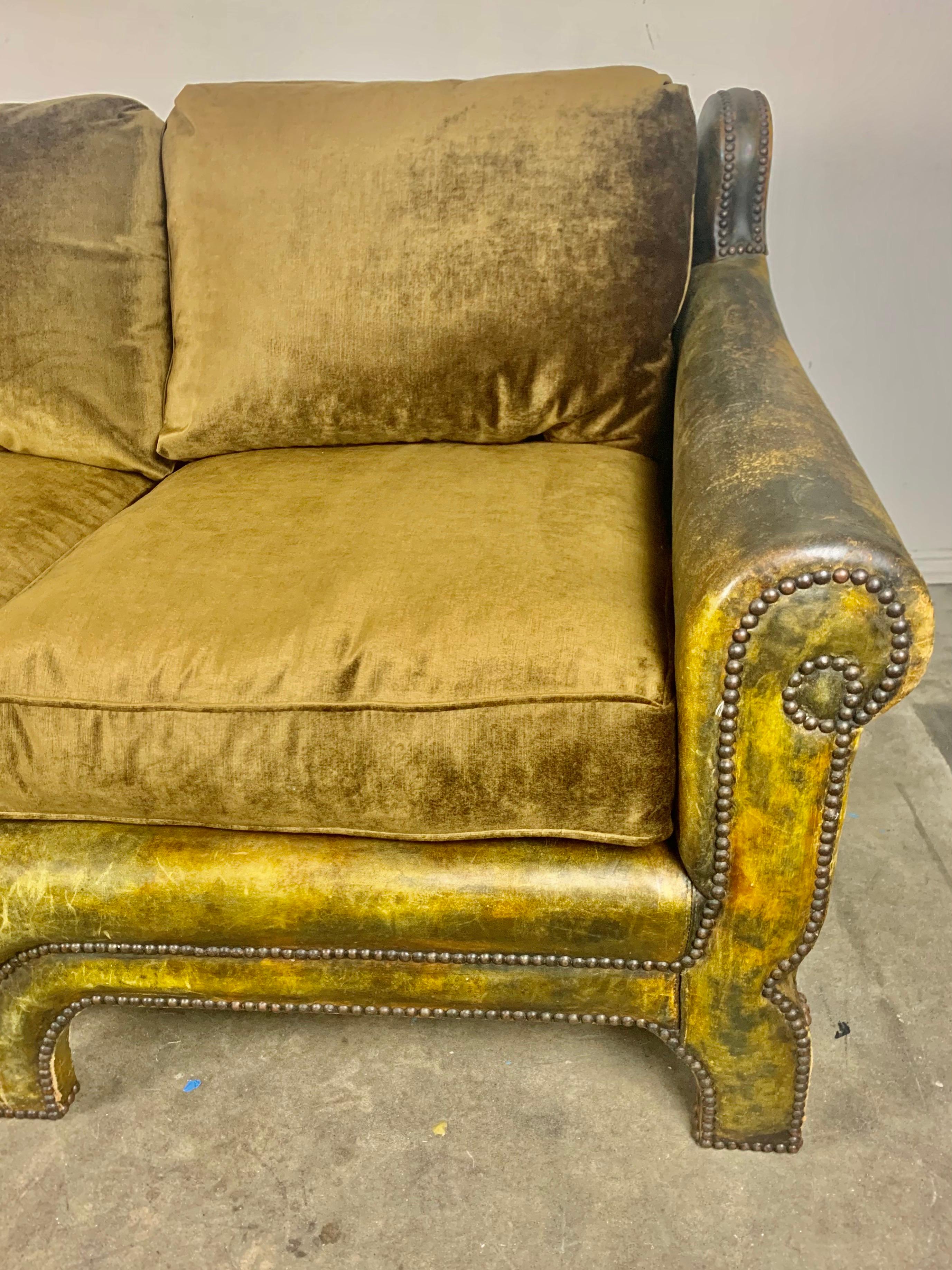 Other Antique French Leather Sofa w/ Velvet Cushions, C. 1930's