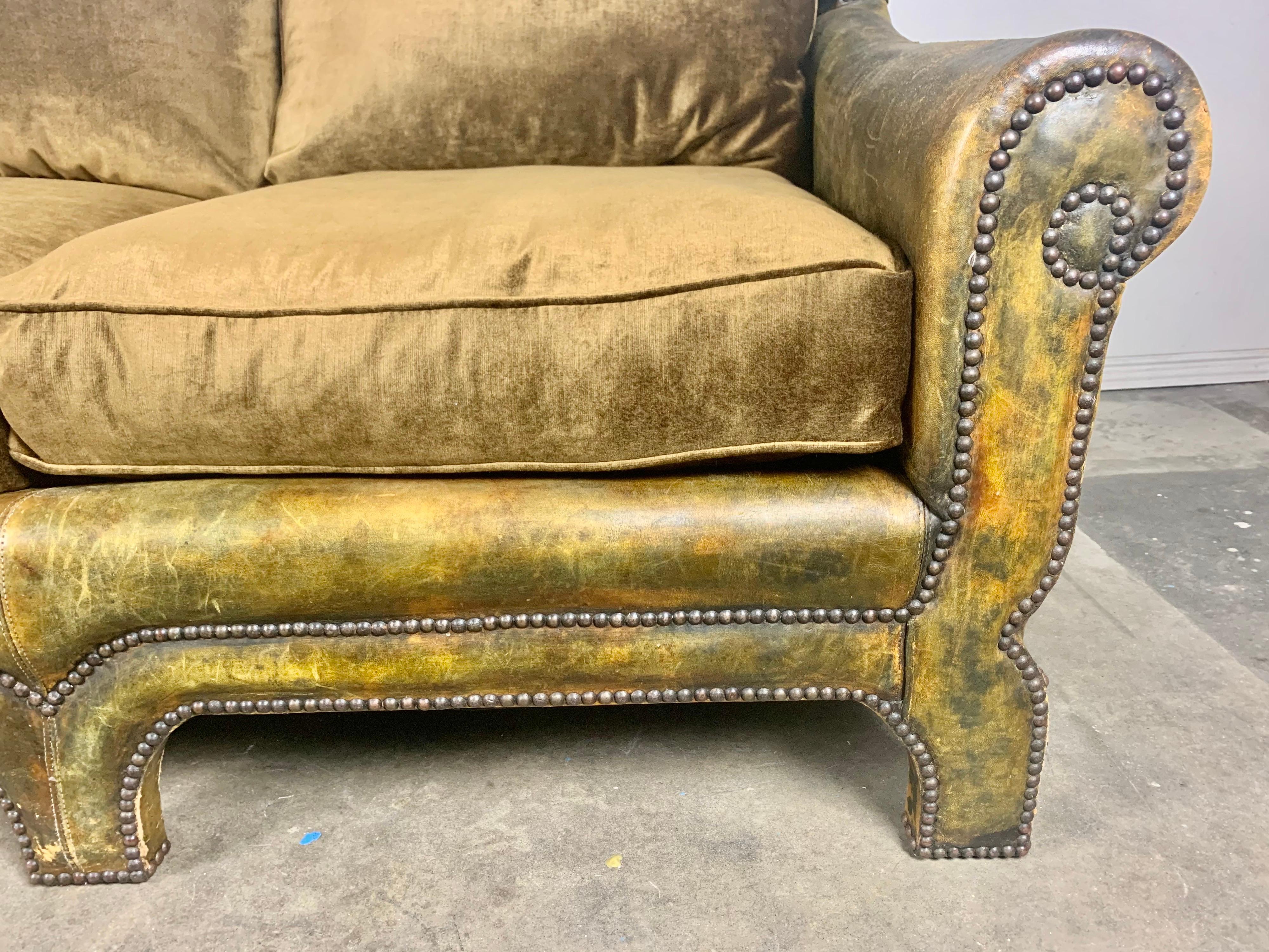 Antique French Leather Sofa w/ Velvet Cushions, C. 1930's In Distressed Condition In Los Angeles, CA