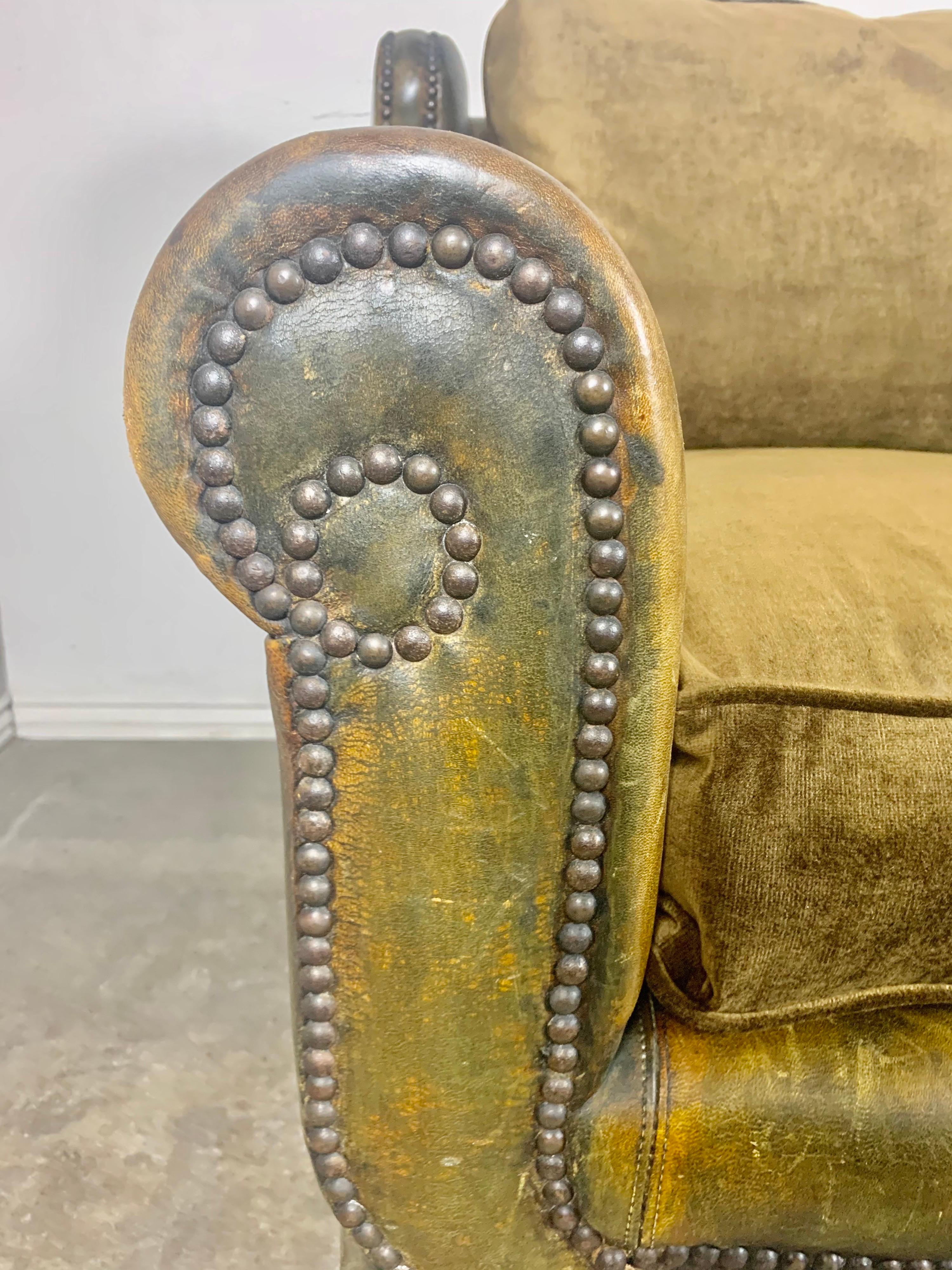 Antique French Leather Sofa w/ Velvet Cushions, C. 1930's 3