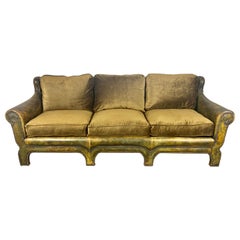 Antique French Leather Sofa w/ Velvet Cushions, C. 1930's