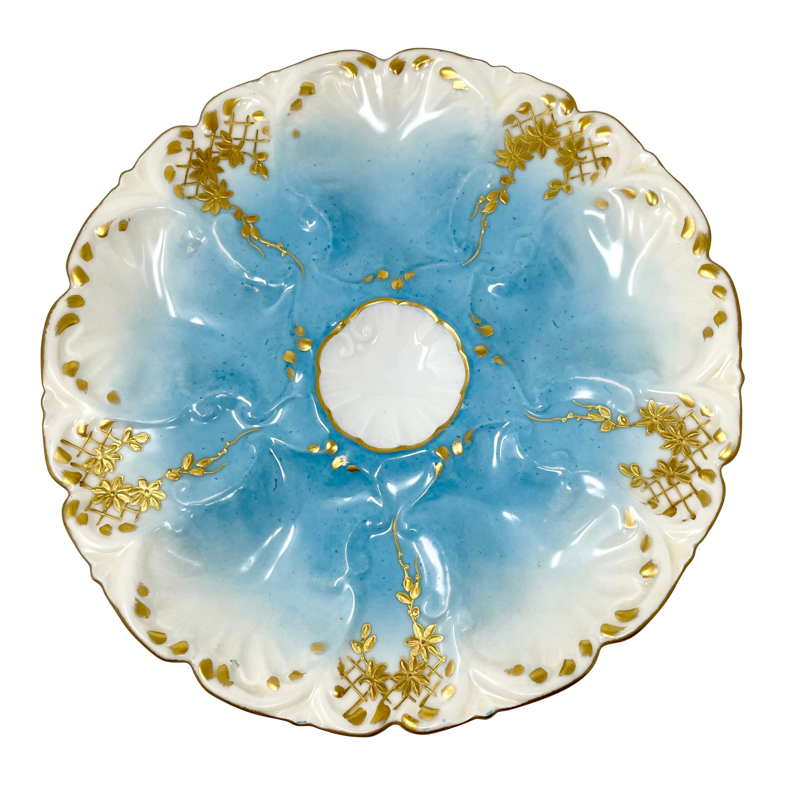 Antique French "Lewis Strauss 
Co." Limoges Porcelain Blue 
Gold Oyster Plate.