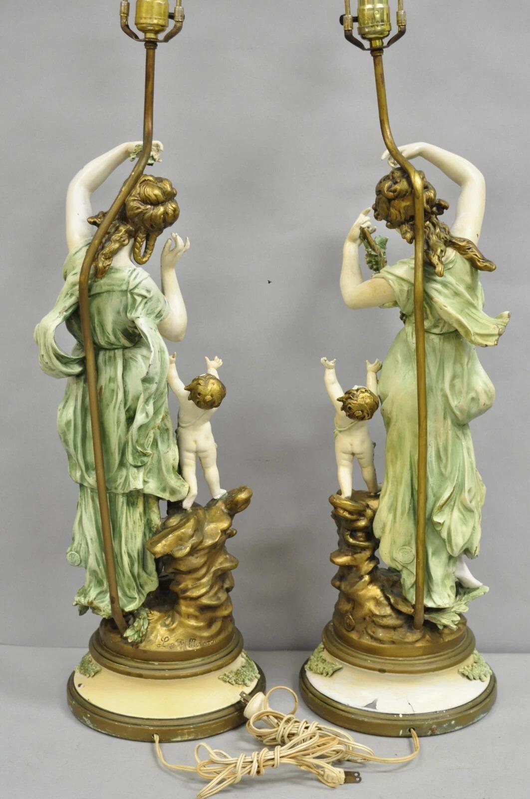 Antique French L&F Moreau Painted Metal Figural Mother & Child Table Lamps Pair For Sale 5